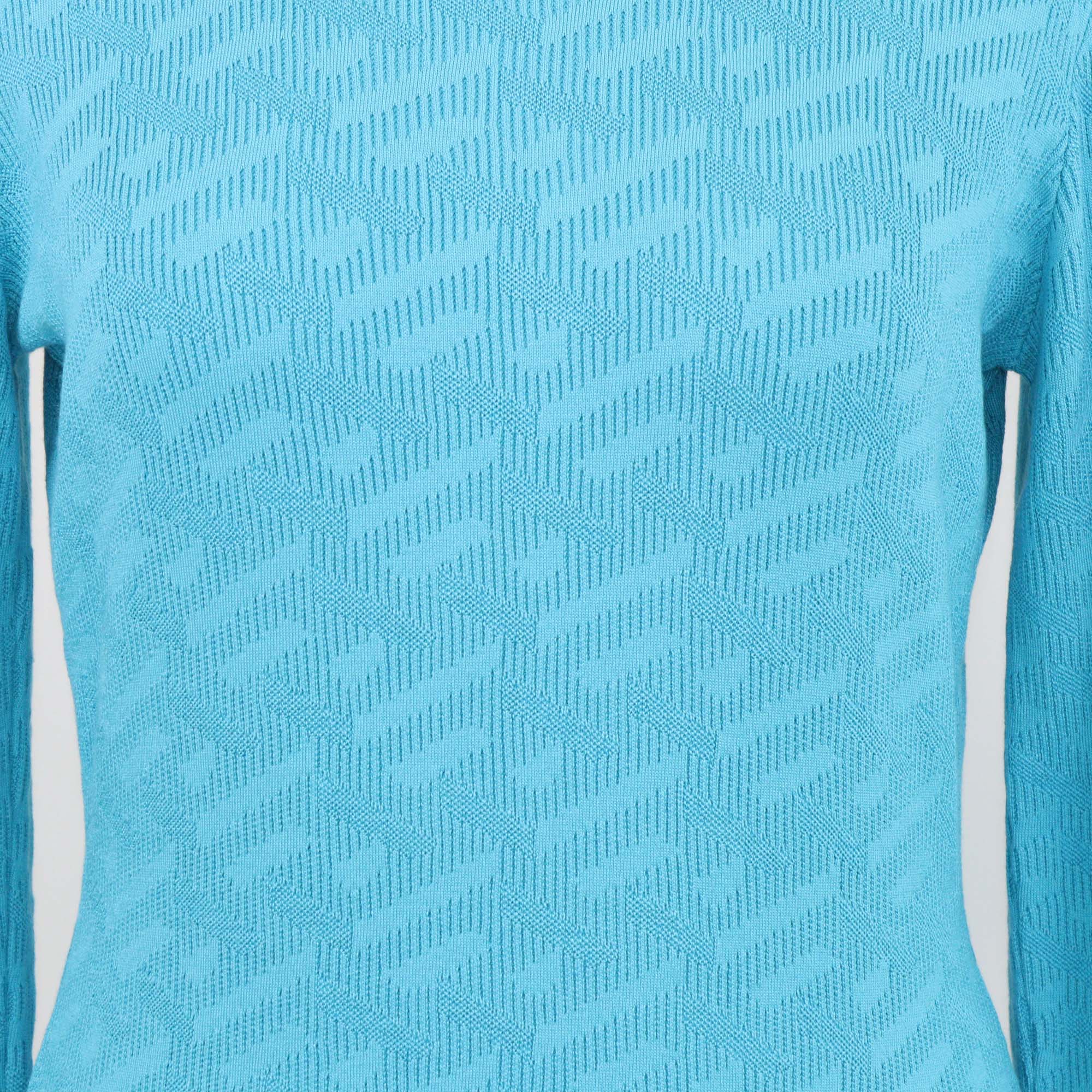 Versace Teal Blue Jacquard Blend Silk Knit Sweatshirt