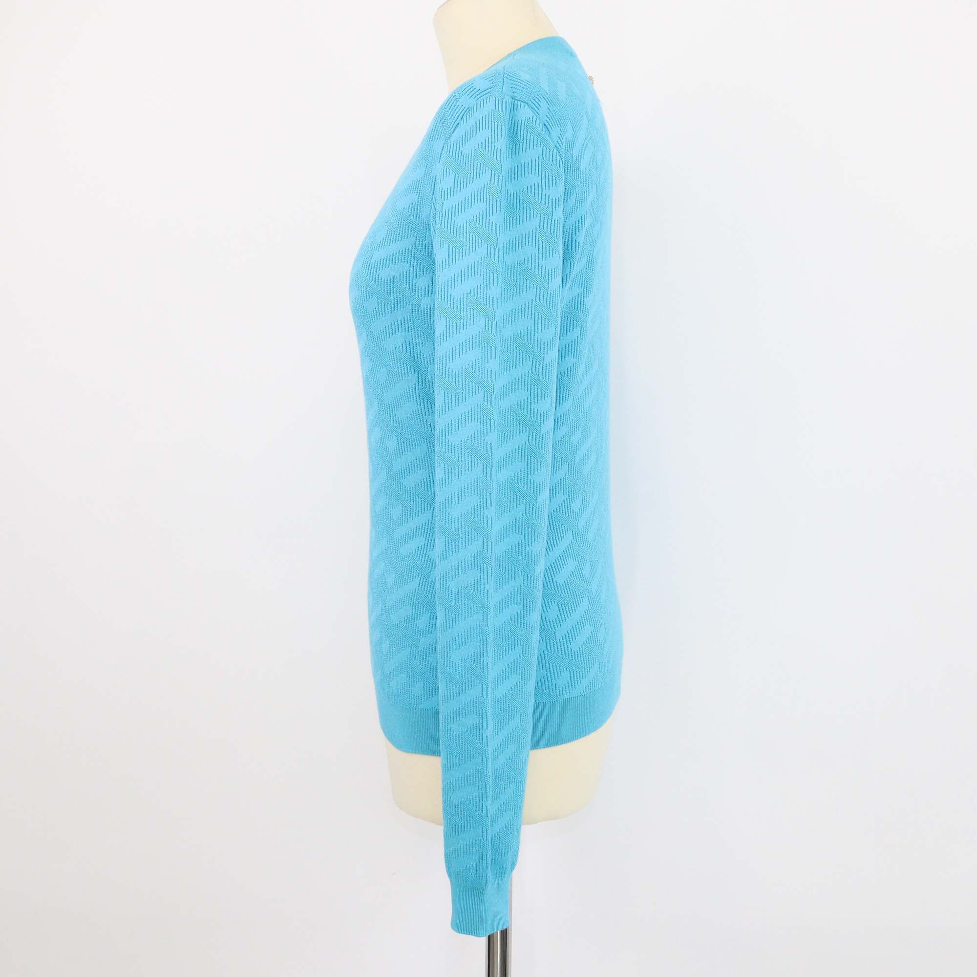 Versace Teal Blue Jacquard Blend Silk Knit Sweatshirt