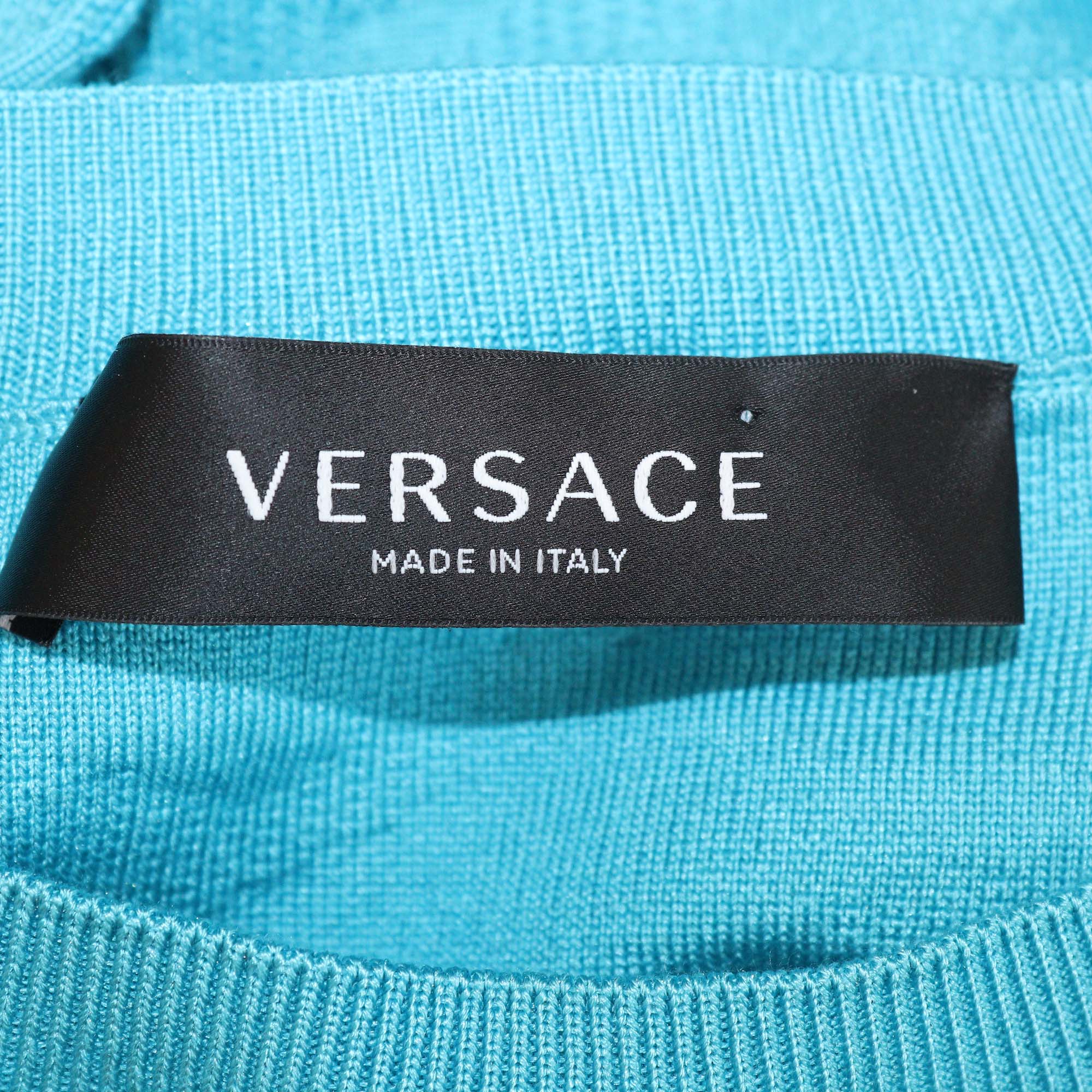 Versace Teal Blue Jacquard Blend Silk Knit Sweatshirt