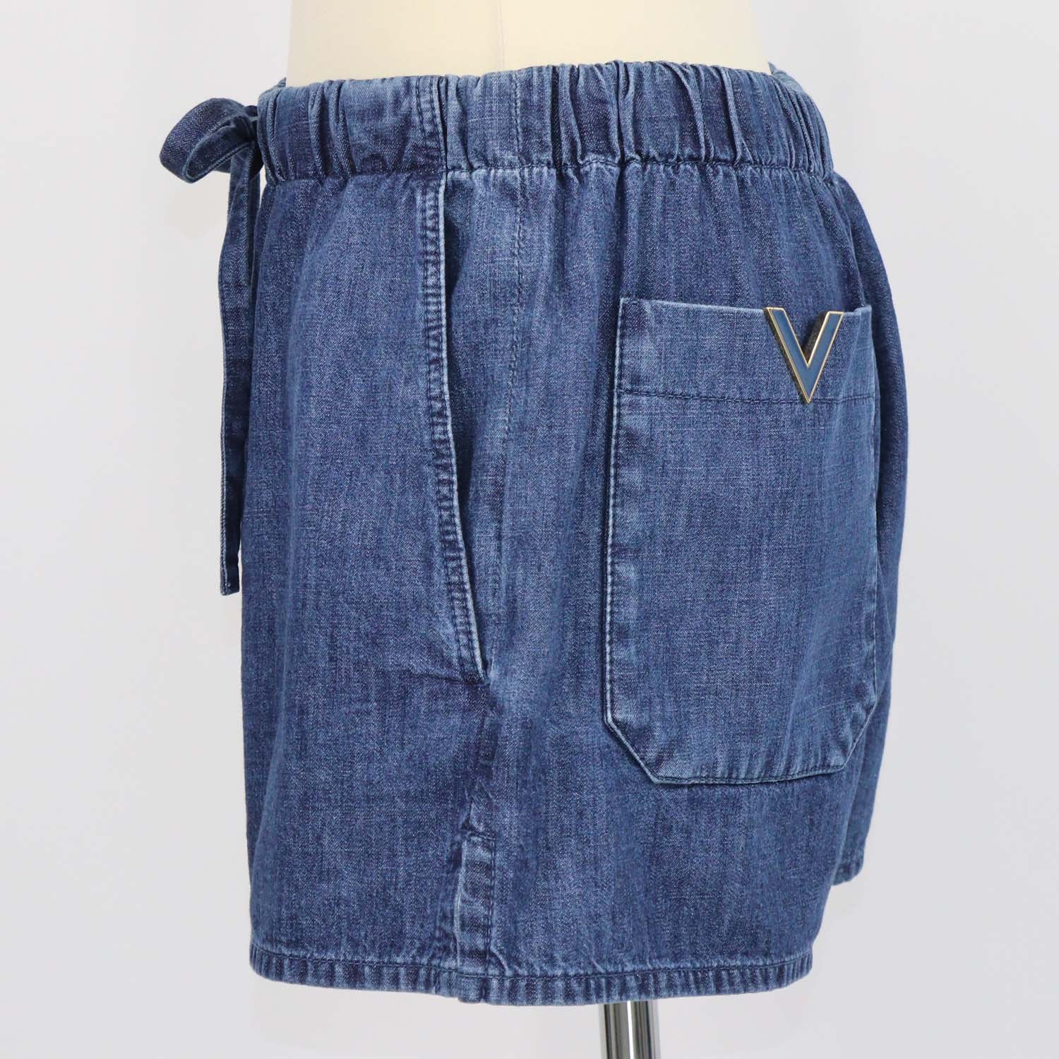 Valentino Blue Denim V Logo Drawstring Chambray Mini Short