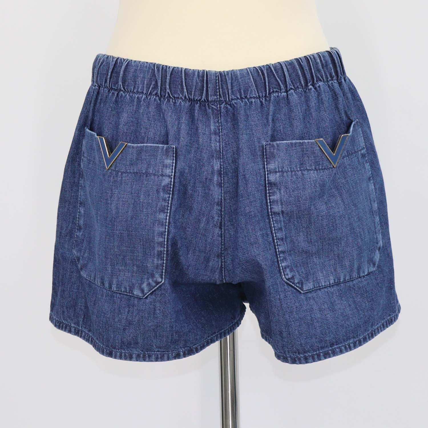 Valentino Blue Denim V Logo Drawstring Chambray Mini Short