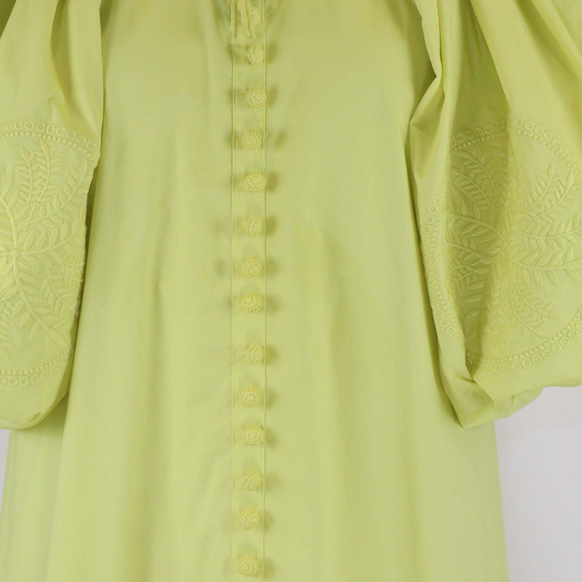Joslin Yellow Green Cotton Puff Sleeve Lilah Embroidered Midi Dress