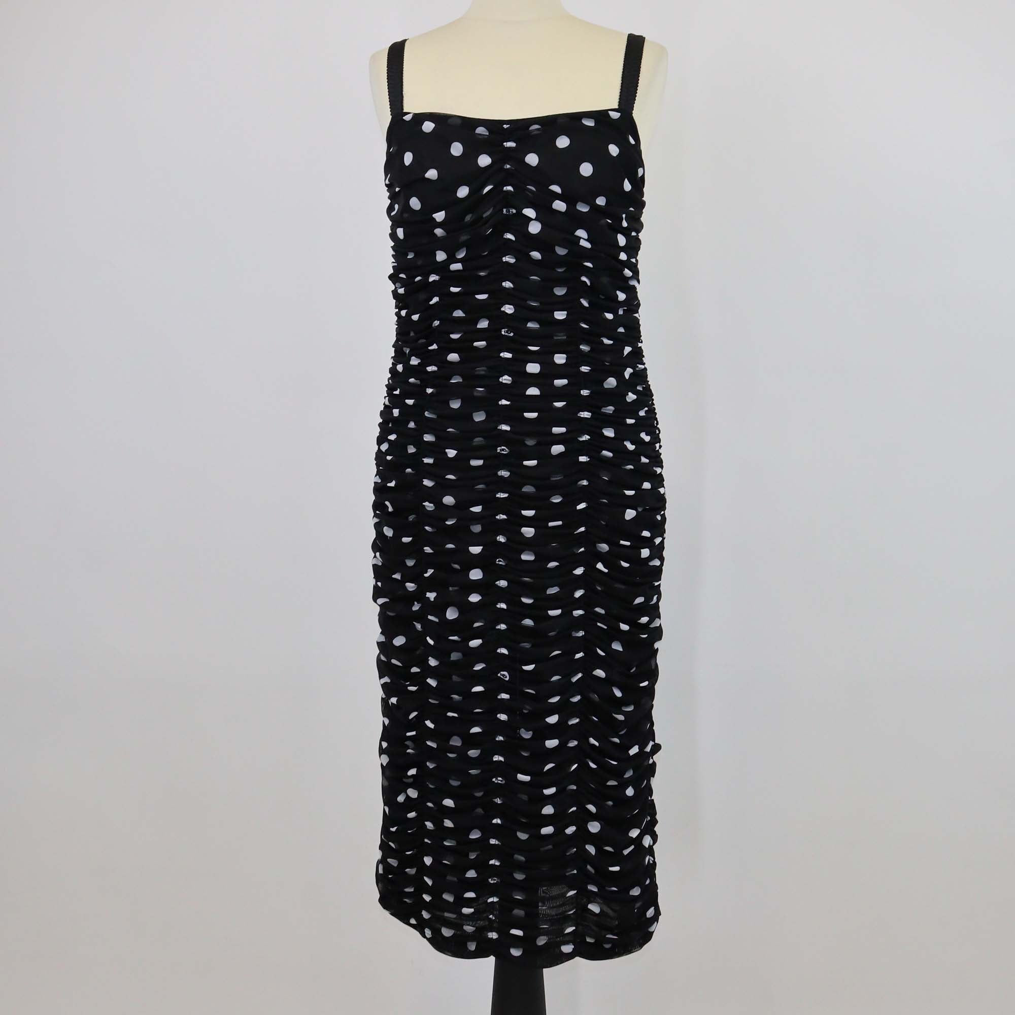 Dolce & Gabbana Black/White Polka Dot Ruched Sleeveless Dress