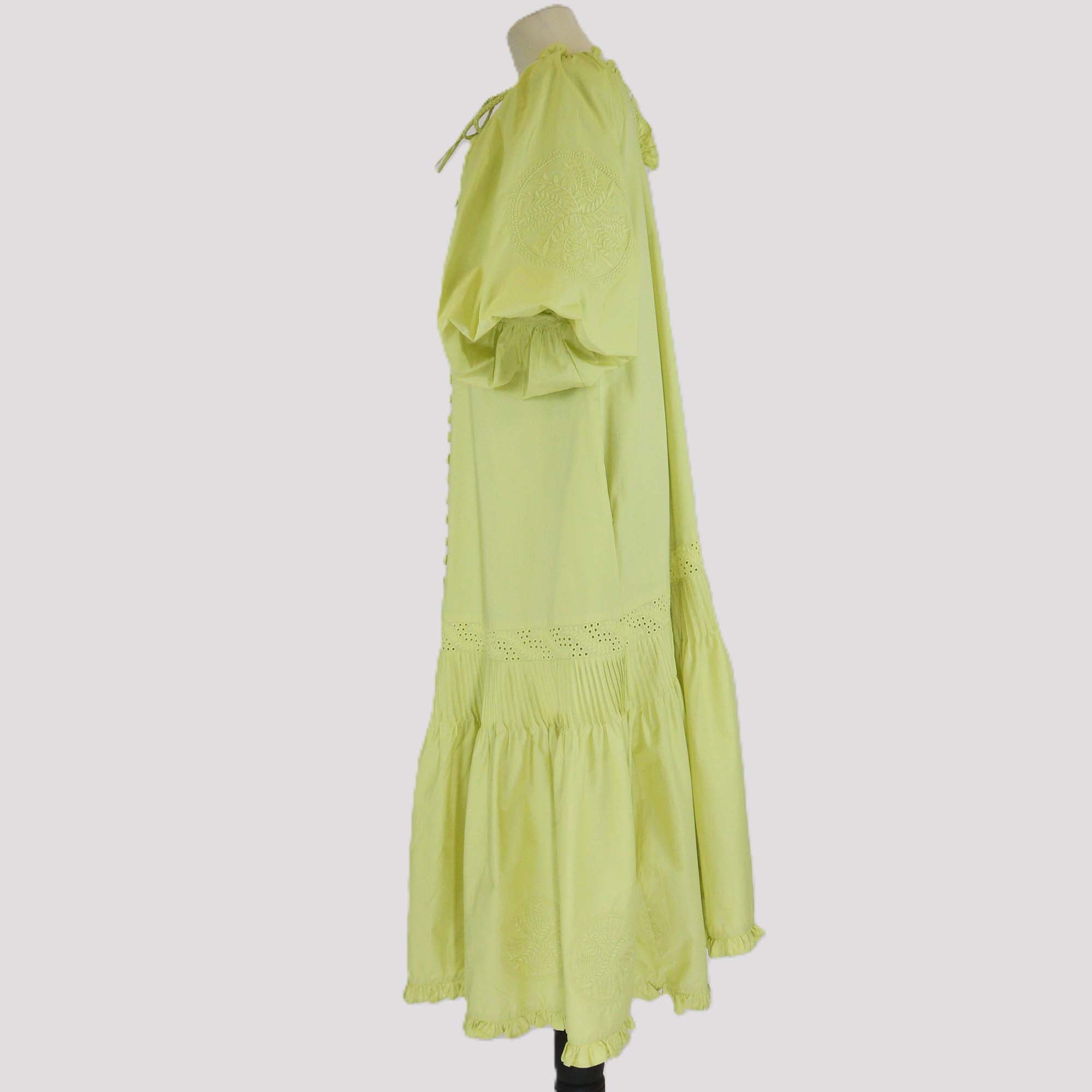 Joslin Yellow Green Cotton Puff Sleeve Lilah Embroidered Midi Dress