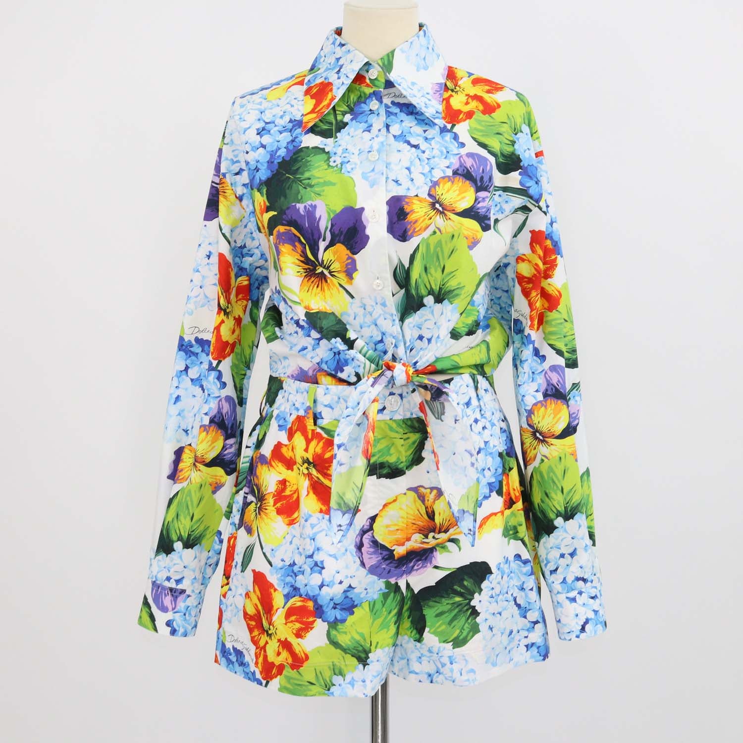 Dolce & Gabbana Multicolor Cotton Floral Print Tie-Up Crop Shirt & Mini Short Set