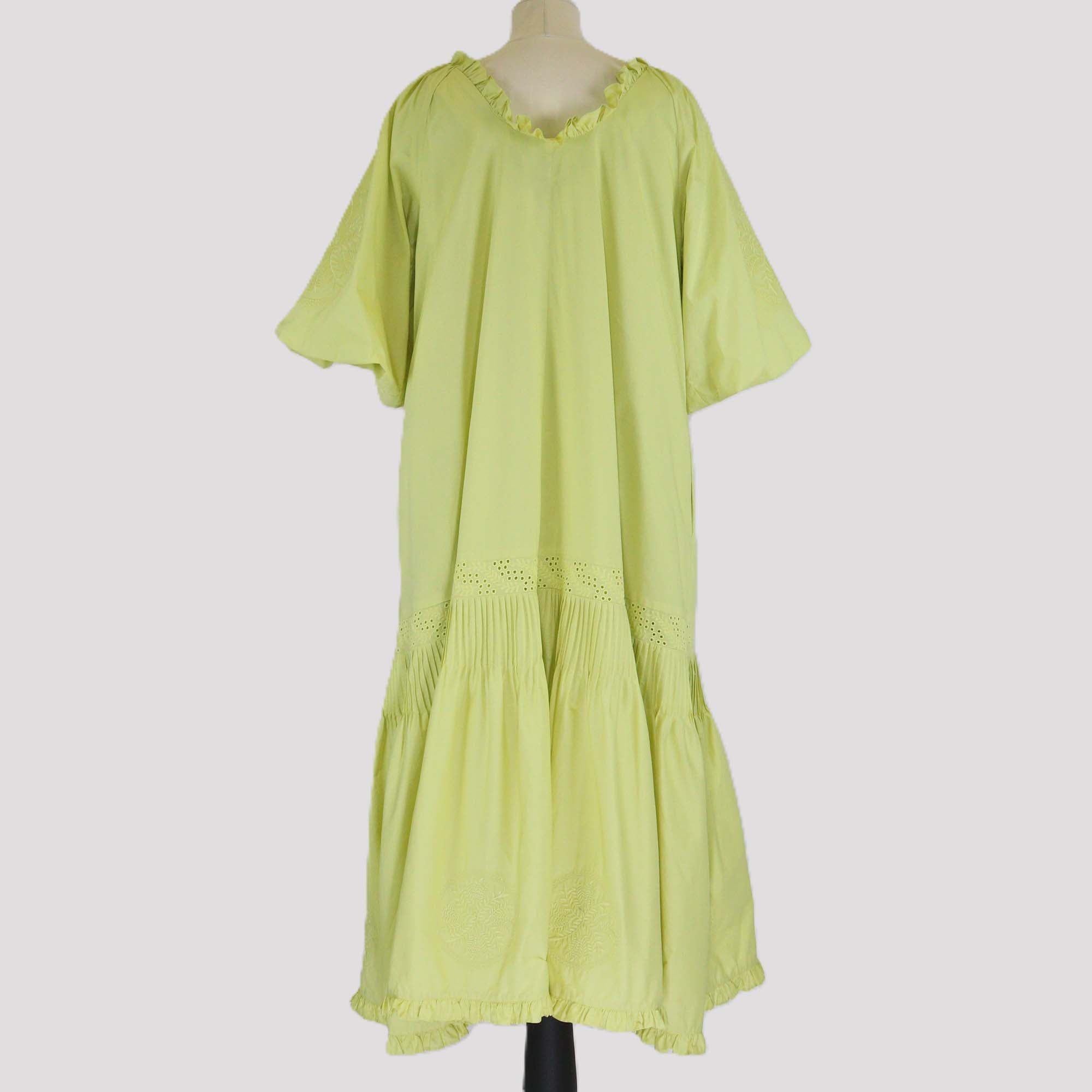 Joslin Yellow Green Cotton Puff Sleeve Lilah Embroidered Midi Dress
