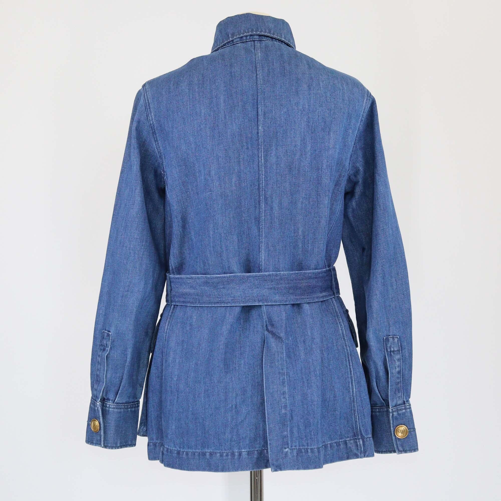 Valentino Blue V Logo Button Four Pocket Sahariana Belted Denim Jacket Womens Valentino