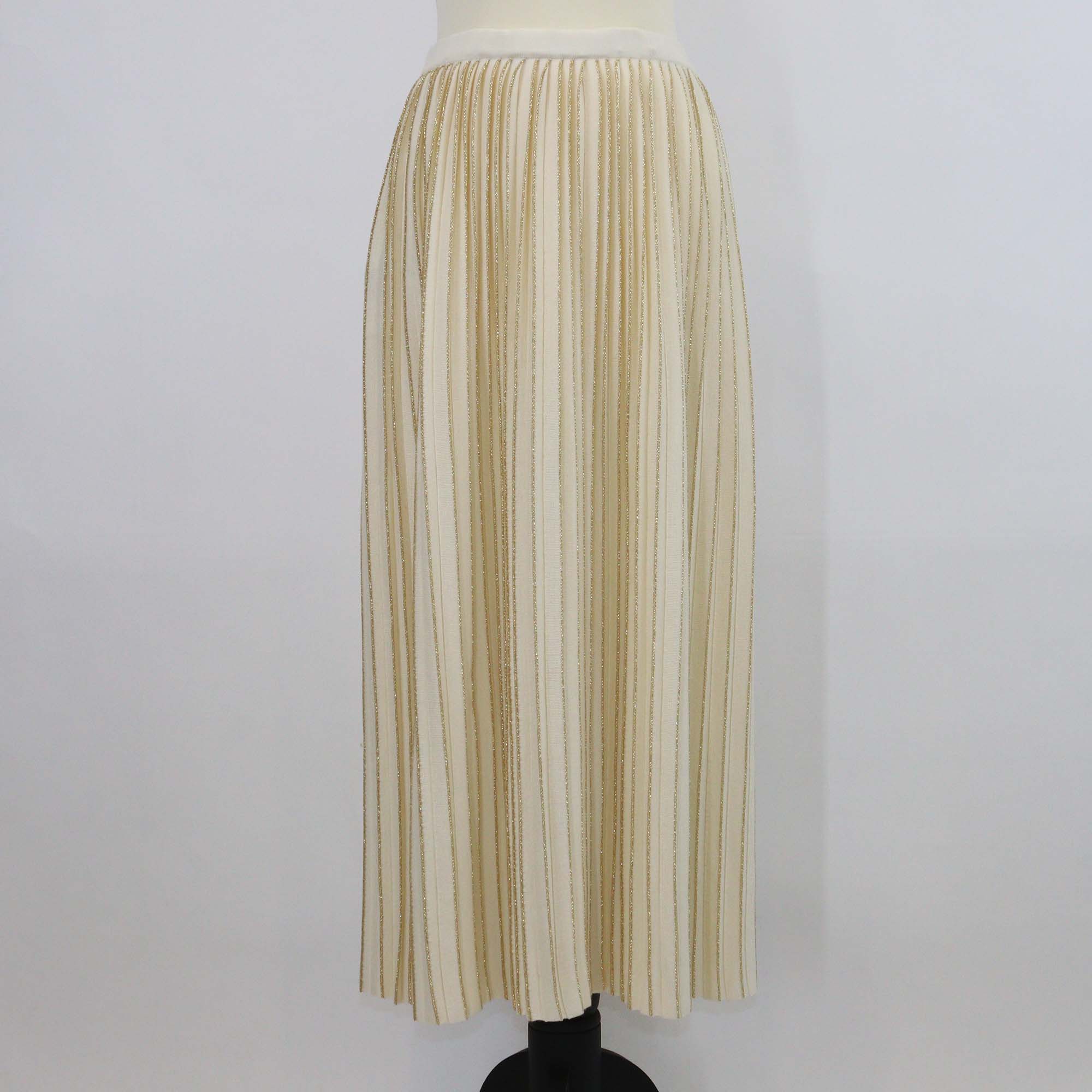 Gucci Cream/Gold Wool Lurex Knit Pleated Midi Skirt
