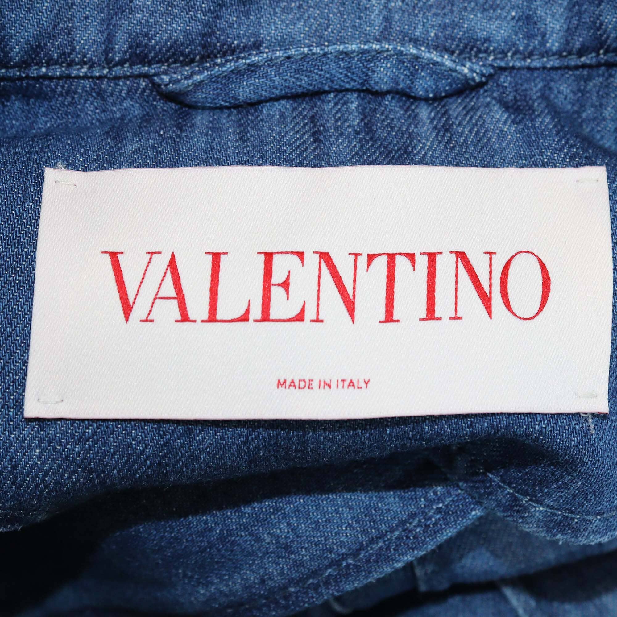Valentino Blue V Logo Button Four Pocket Sahariana Belted Denim Jacket Womens Valentino