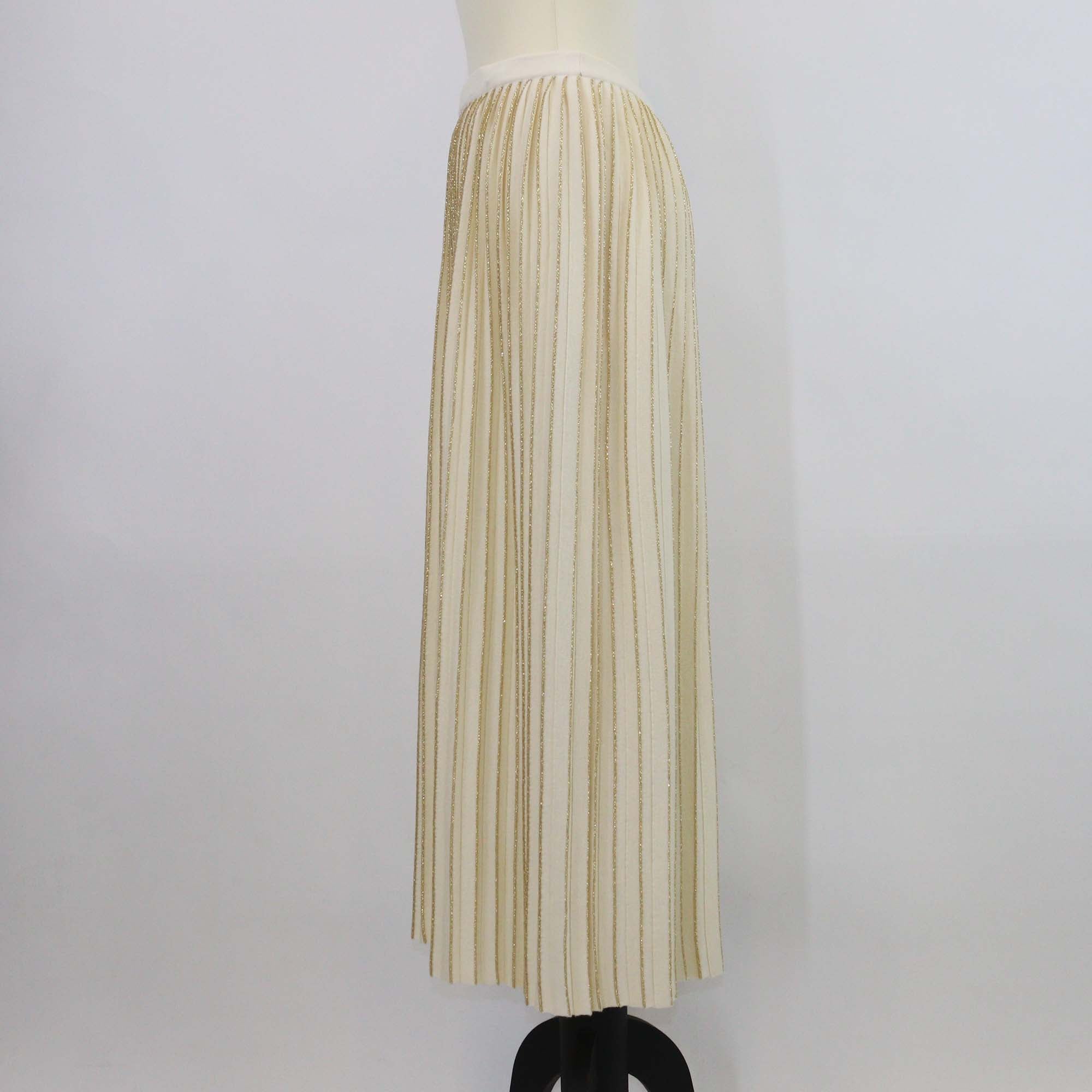 Gucci Cream/Gold Wool Lurex Knit Pleated Midi Skirt