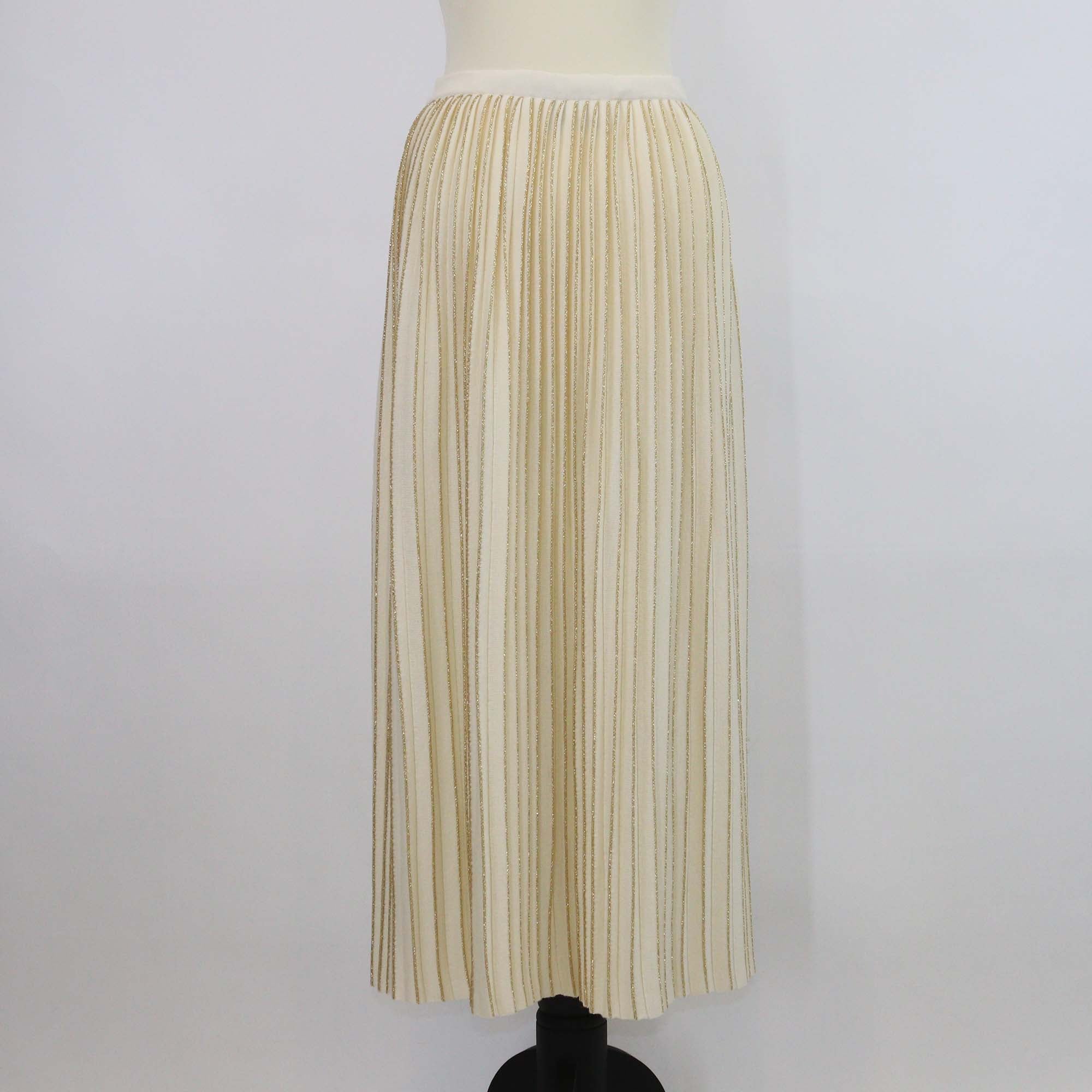 Gucci Cream/Gold Wool Lurex Knit Pleated Midi Skirt
