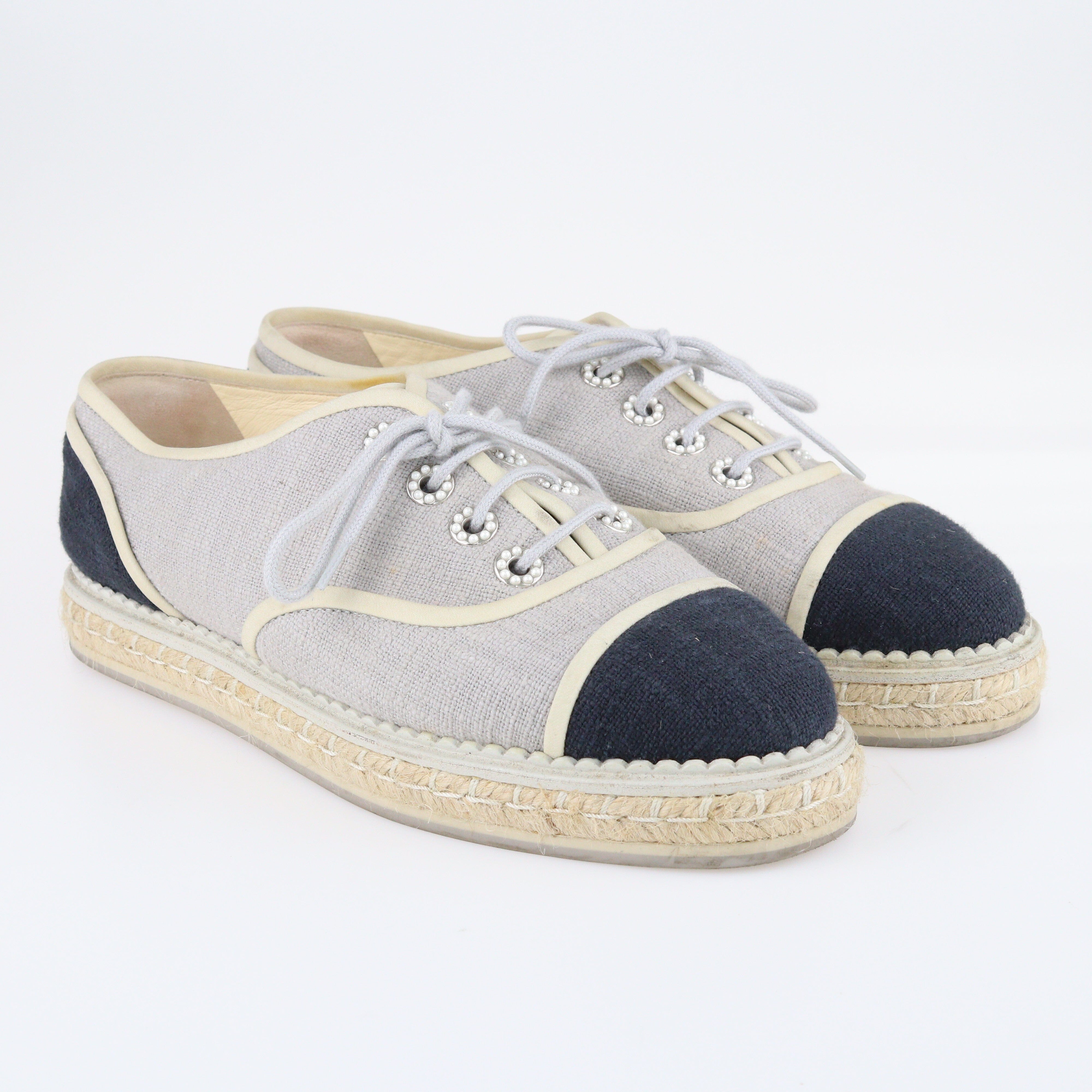 Black/Grey Lace Up Espadrilles Sneakers Shoes Chanel 