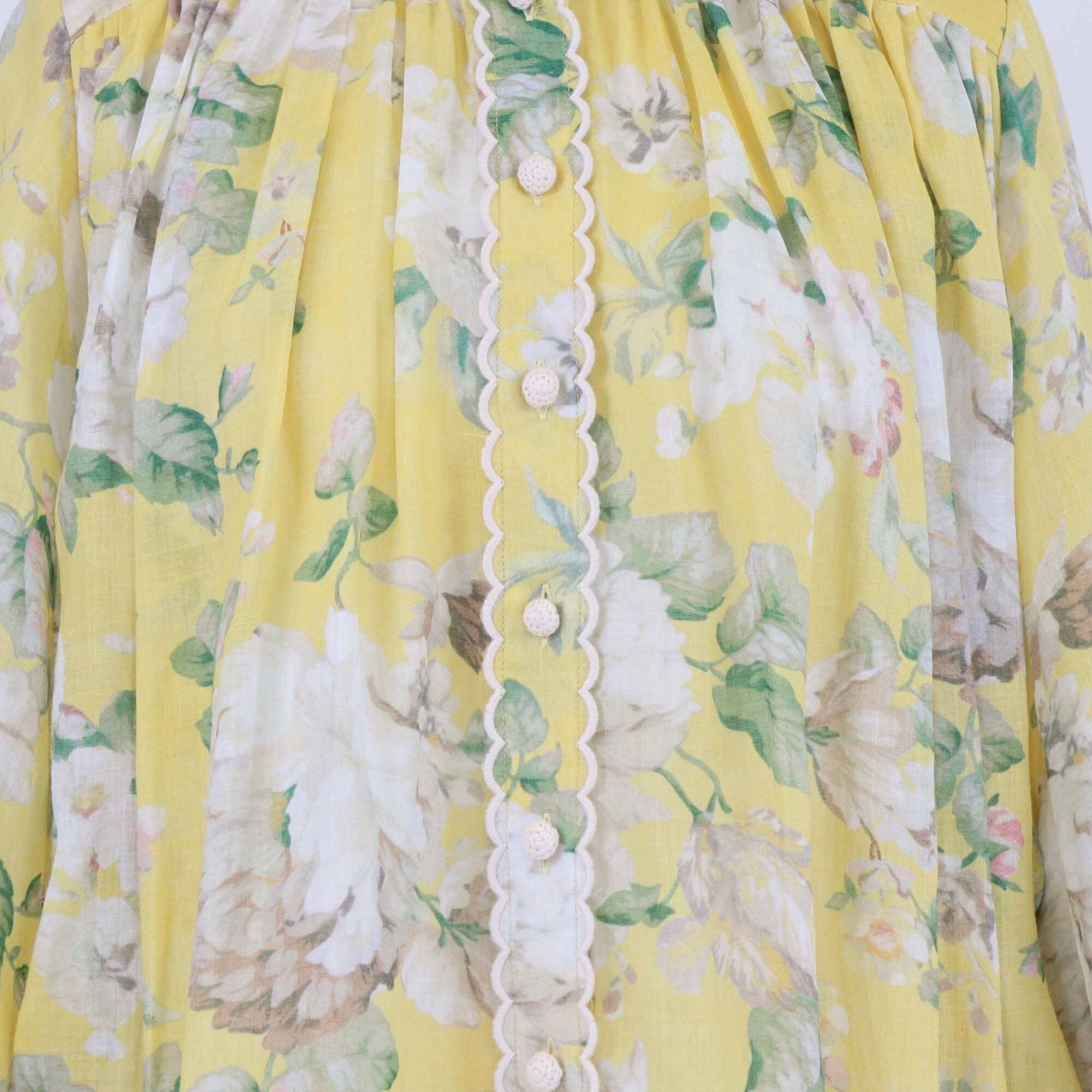 Zimmermann Yellow Floral Print Mandarin Collar Acacia Scallop Long Sleeve Blouse Womens Zimmermann