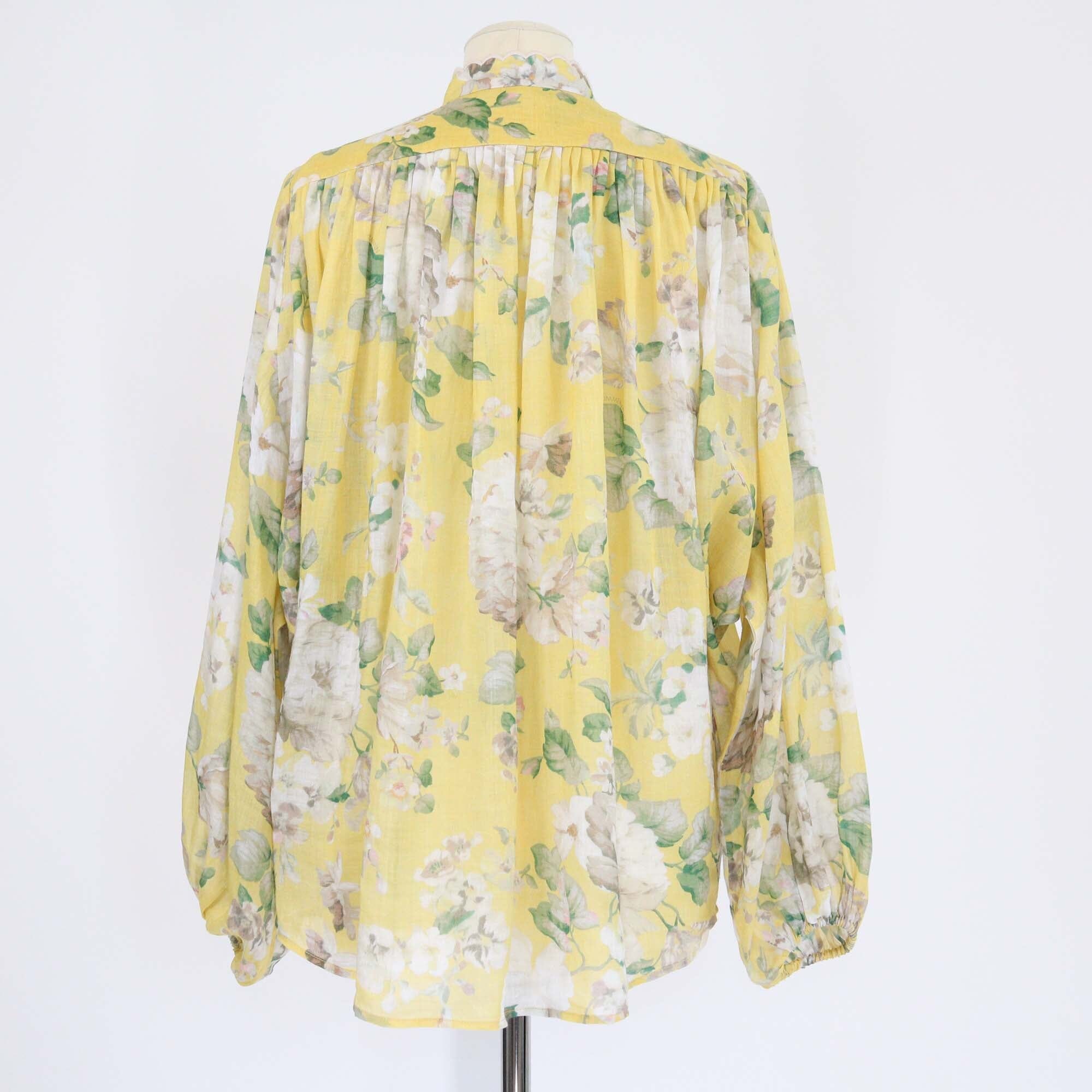 Zimmermann Yellow Floral Print Mandarin Collar Acacia Scallop Long Sleeve Blouse Womens Zimmermann