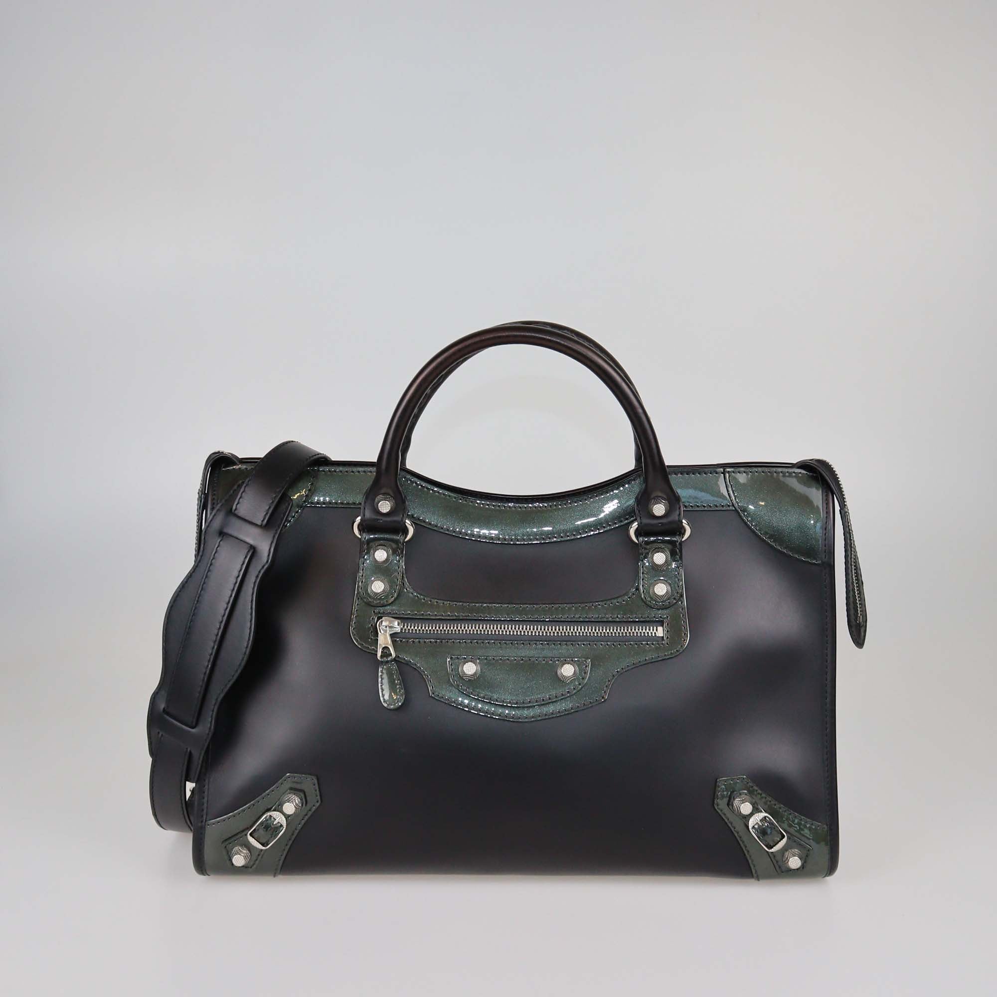 Balenciaga Black/Green Matte Leather and Patent Classic City Bag