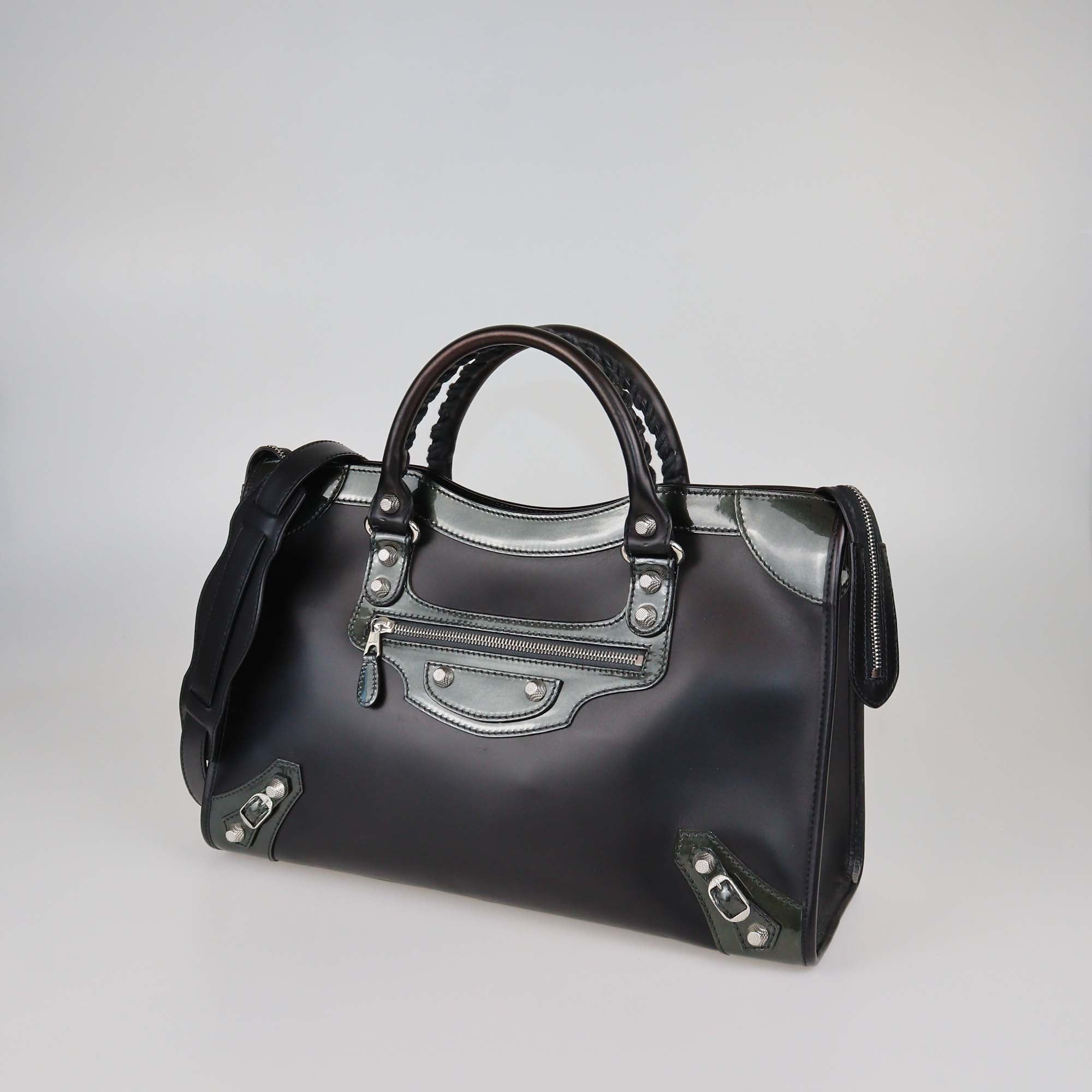 Balenciaga Black/Green Matte Leather and Patent Classic City Bag