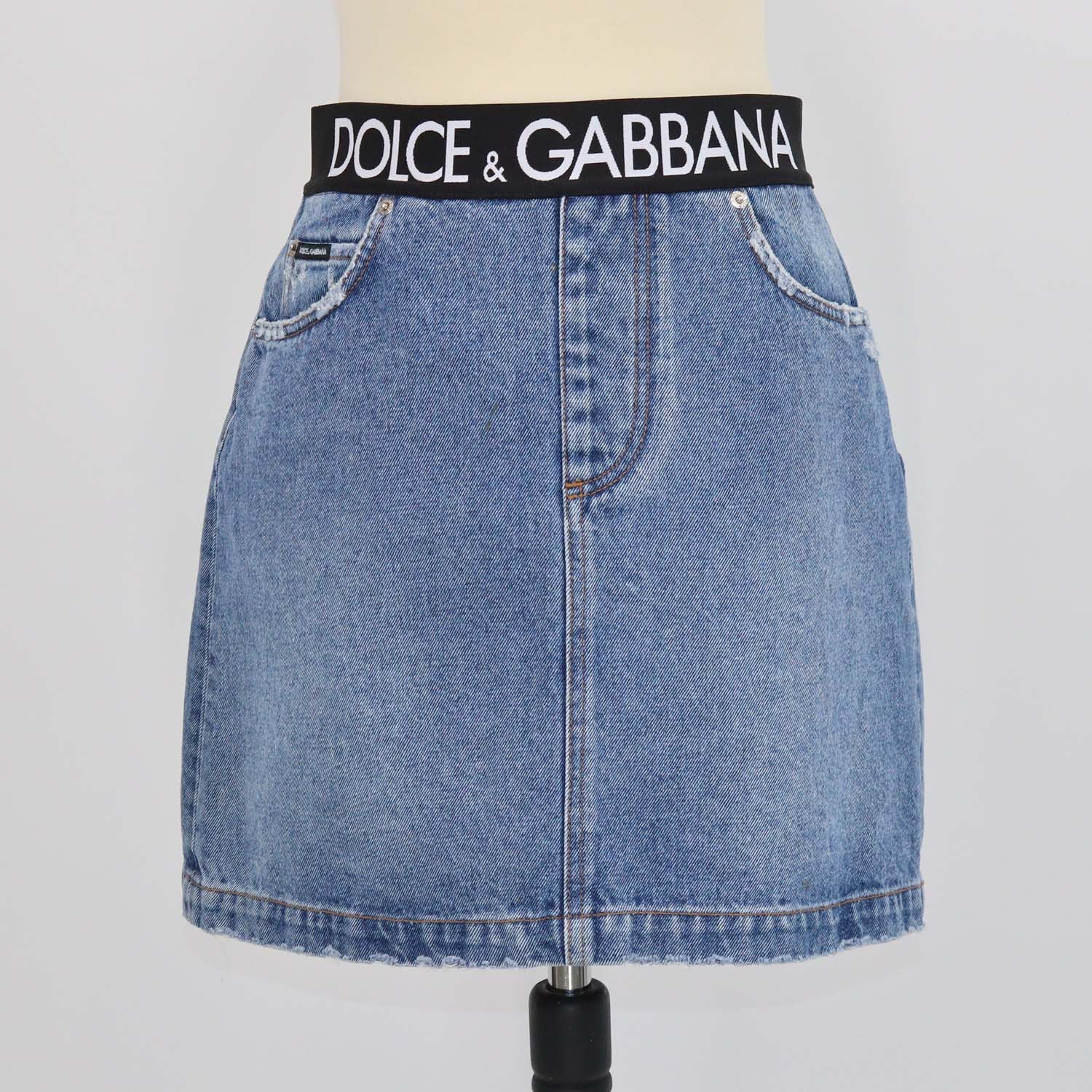 Dolce & Gabbana Blue Denim Logo Waistband Distressed Skirt