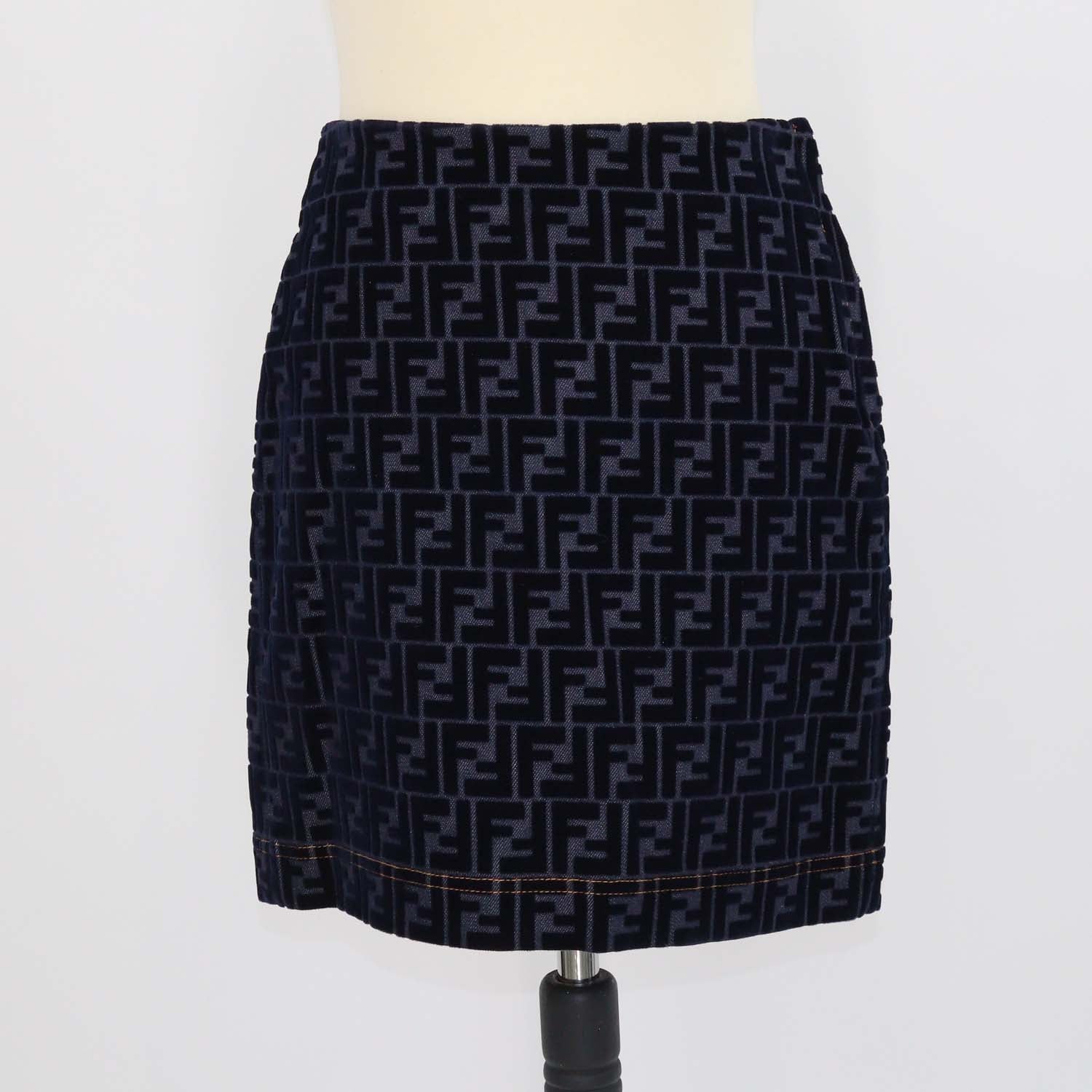 Fendi Navy Blue Denim FF Velvet Mini Skirt