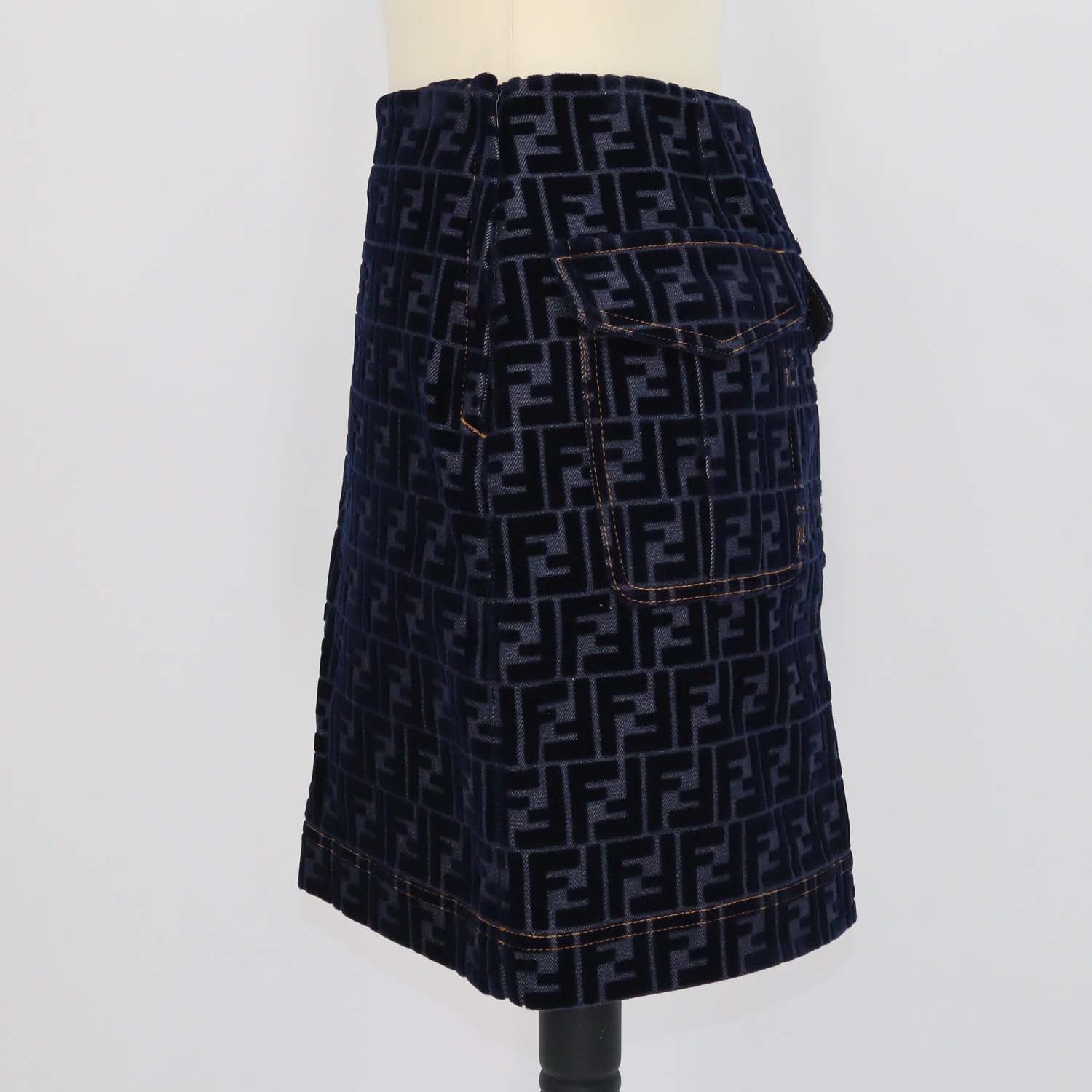 Fendi Navy Blue Denim FF Velvet Mini Skirt