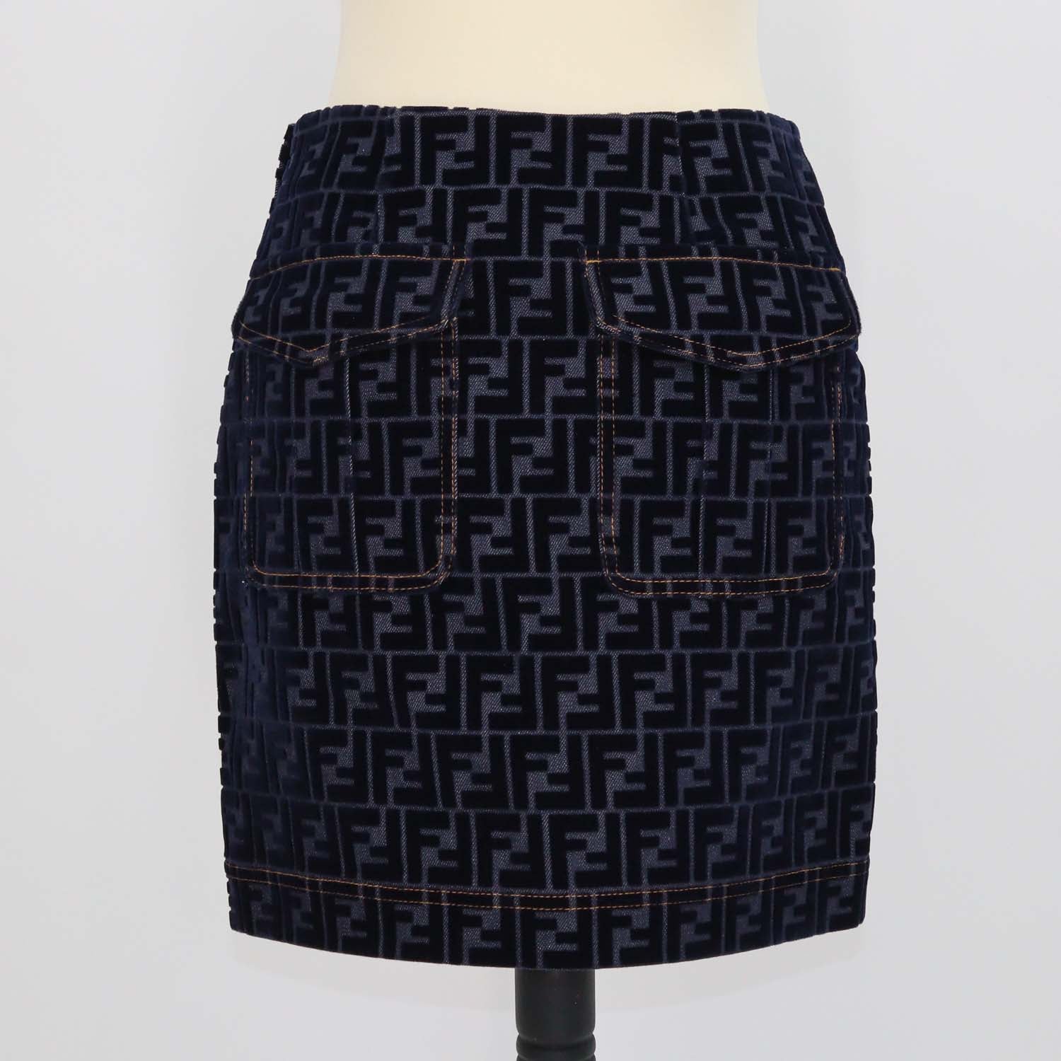 Fendi Navy Blue Denim FF Velvet Mini Skirt