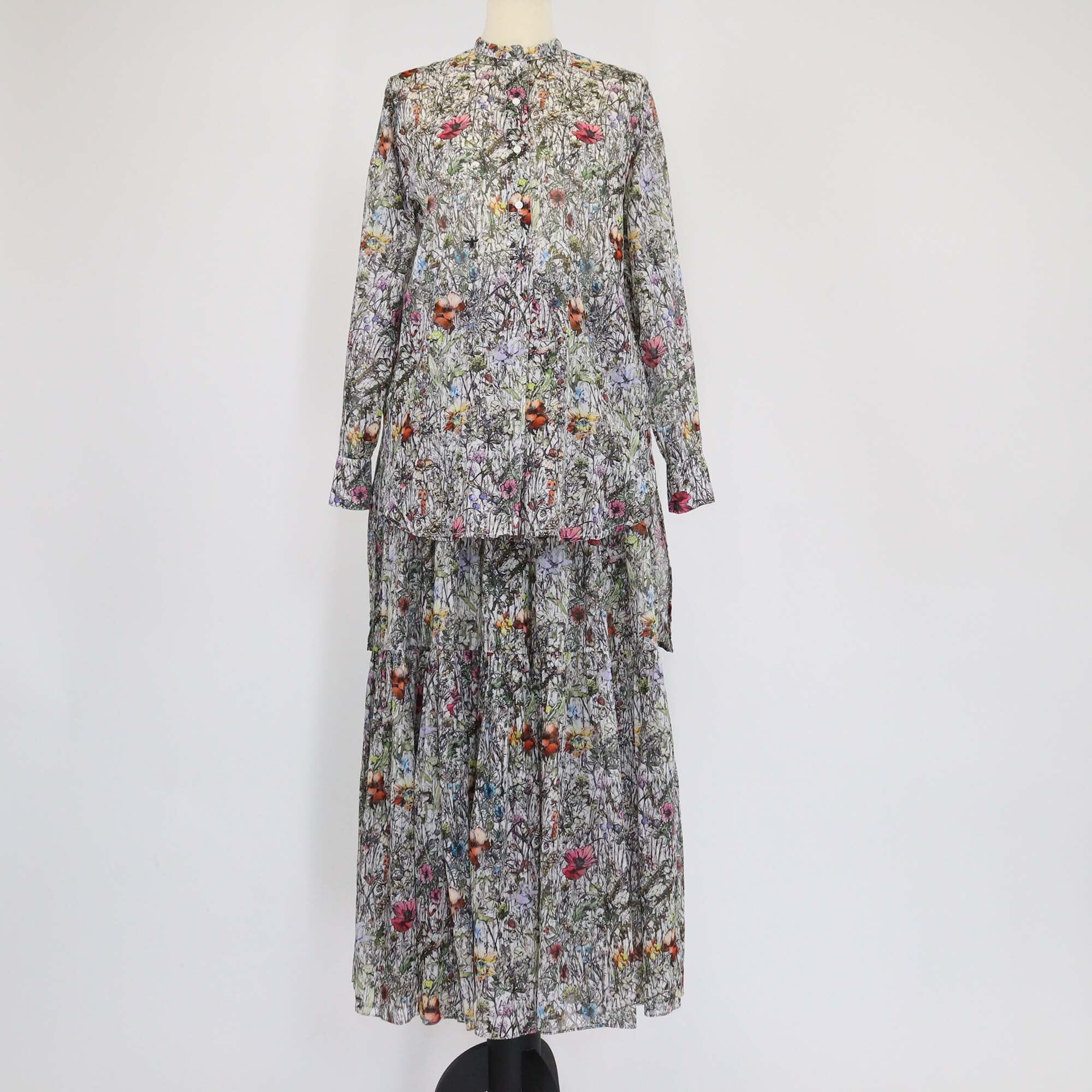 Christian Dior Multicolor Flowers Calendar Allover Motif Long Sleeve Tunic & Pleated Midi Skirt Set Womens Christian Dior
