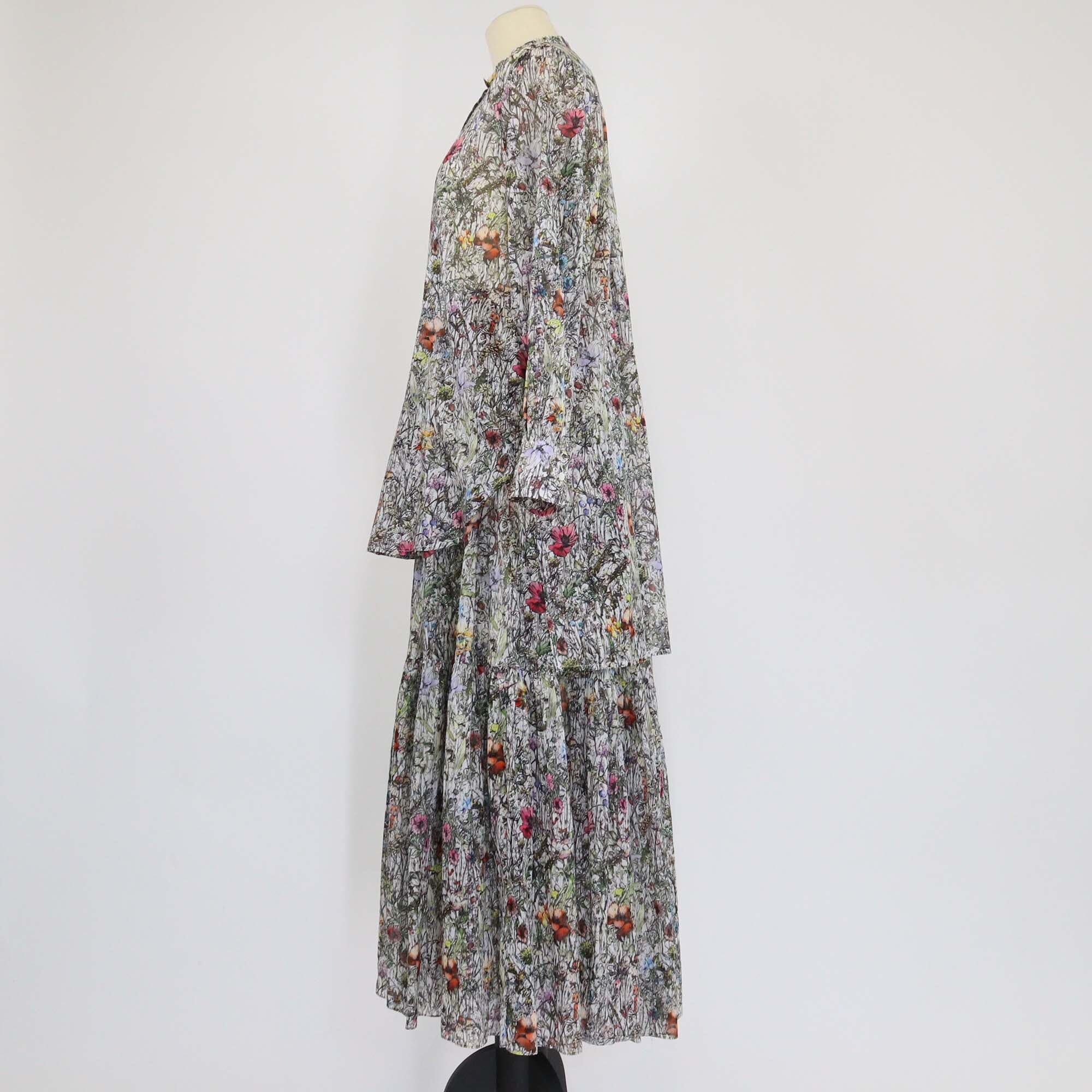 Christian Dior Multicolor Flowers Calendar Allover Motif Long Sleeve Tunic & Pleated Midi Skirt Set Womens Christian Dior