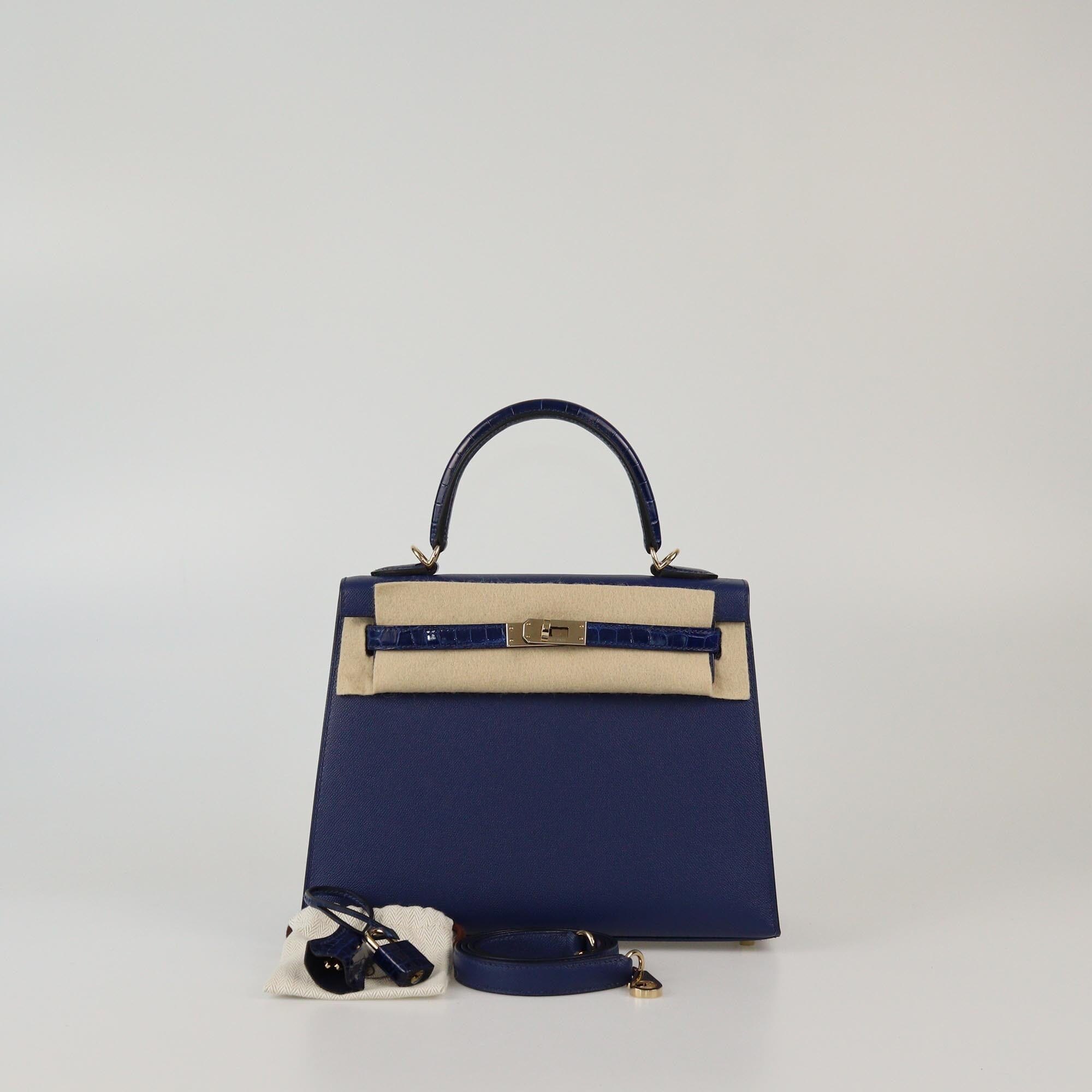 Hermes Bleu Saphir Shine Crocodile Niloticus & Madame Gold Hardware Kelly Sellier 25 Bag Womens Hermes