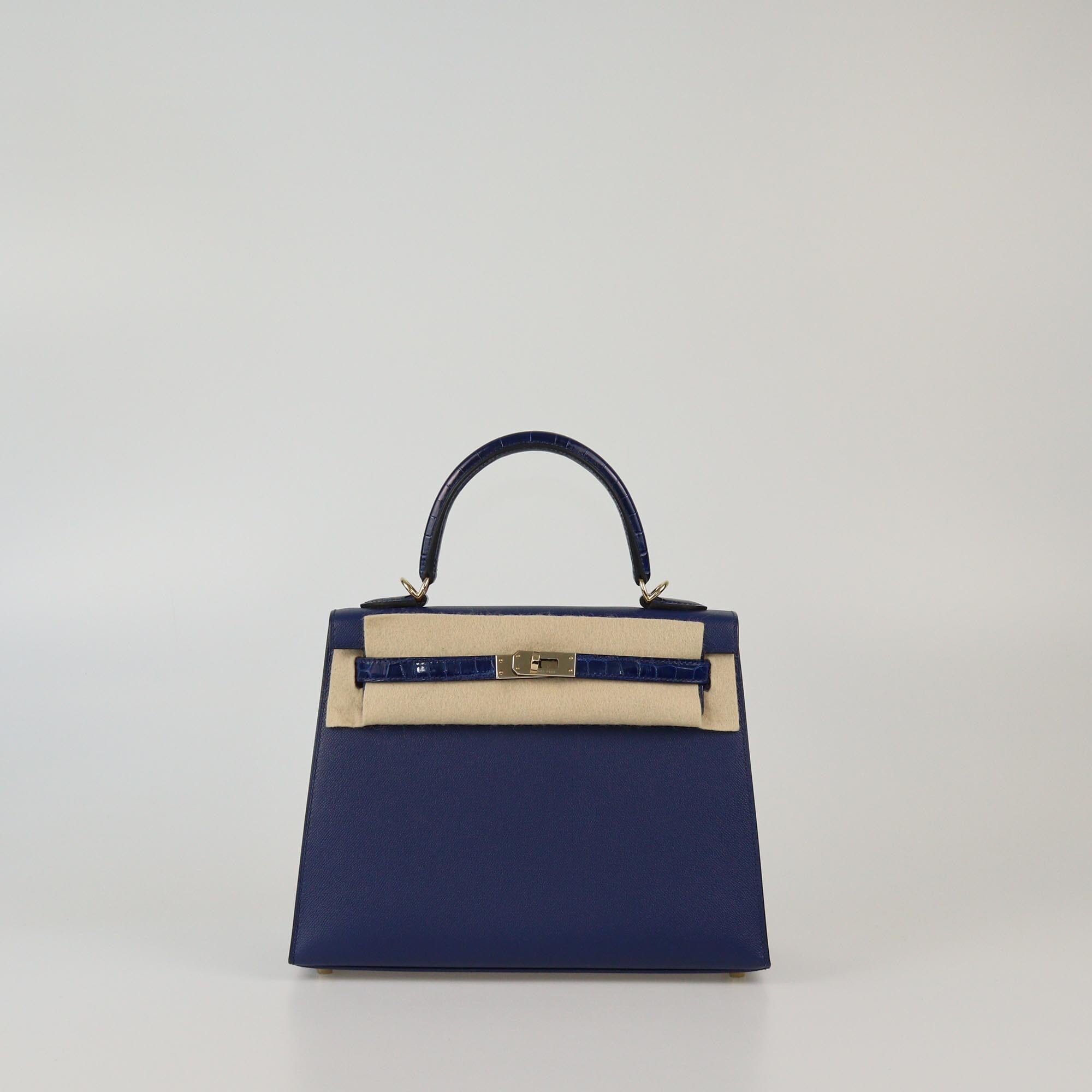 Hermes Bleu Saphir Shine Crocodile Niloticus & Madame Gold Hardware Kelly Sellier 25 Bag Womens Hermes