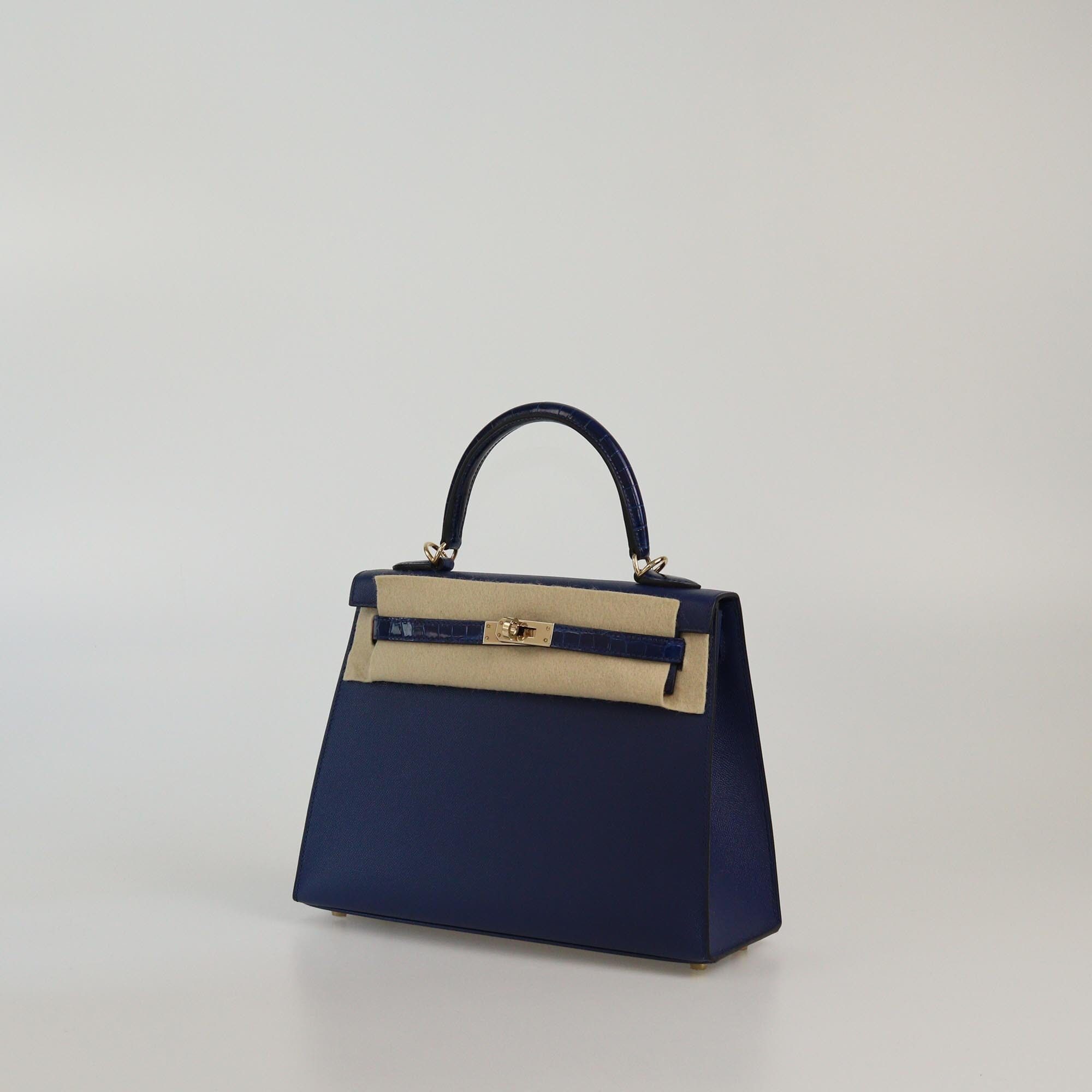 Hermes Bleu Saphir Shine Crocodile Niloticus & Madame Gold Hardware Kelly Sellier 25 Bag Womens Hermes