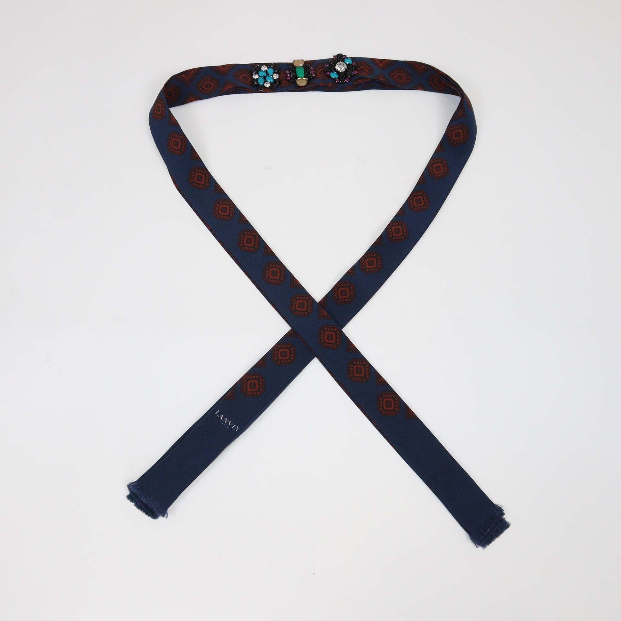 Lanvin Navy Blue/Red Silk Crystal Embellishment Silk Scarf