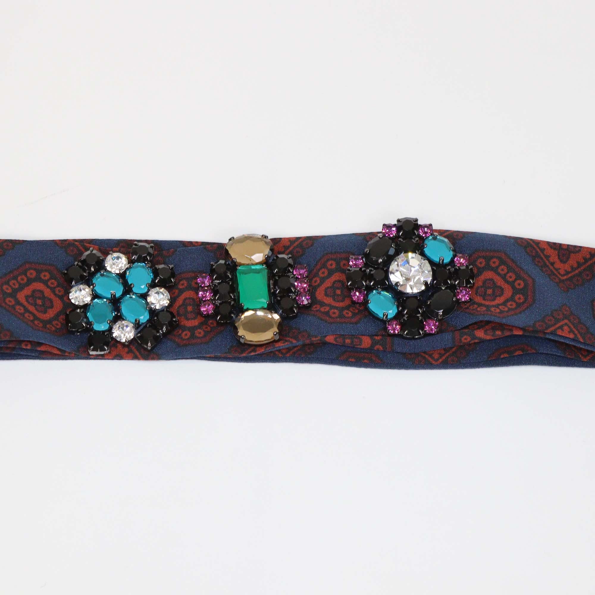 Lanvin Navy Blue/Red Silk Crystal Embellishment Silk Scarf