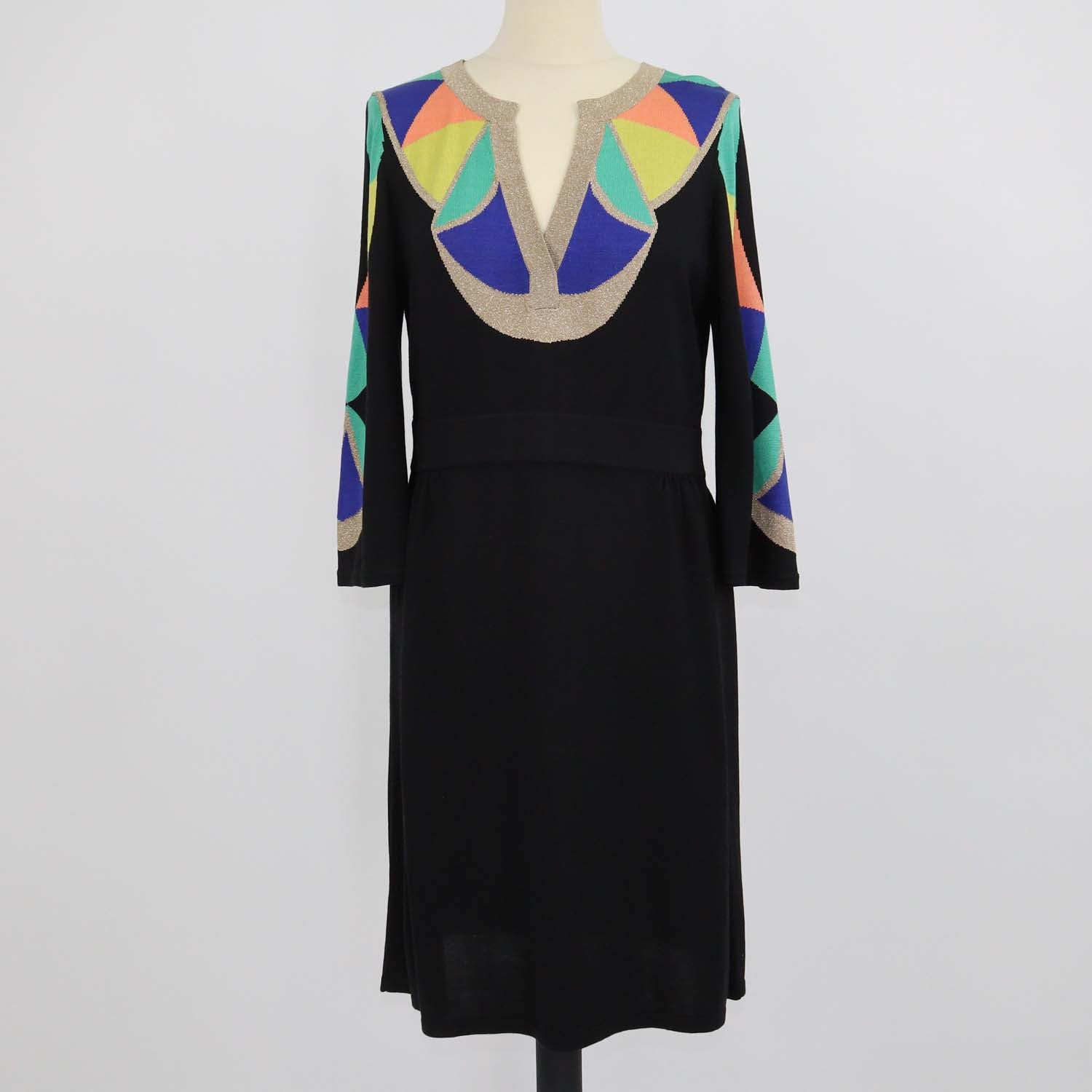 Temperly London Black/Multicolor Blend Silk Knitted V-Neck Dress
