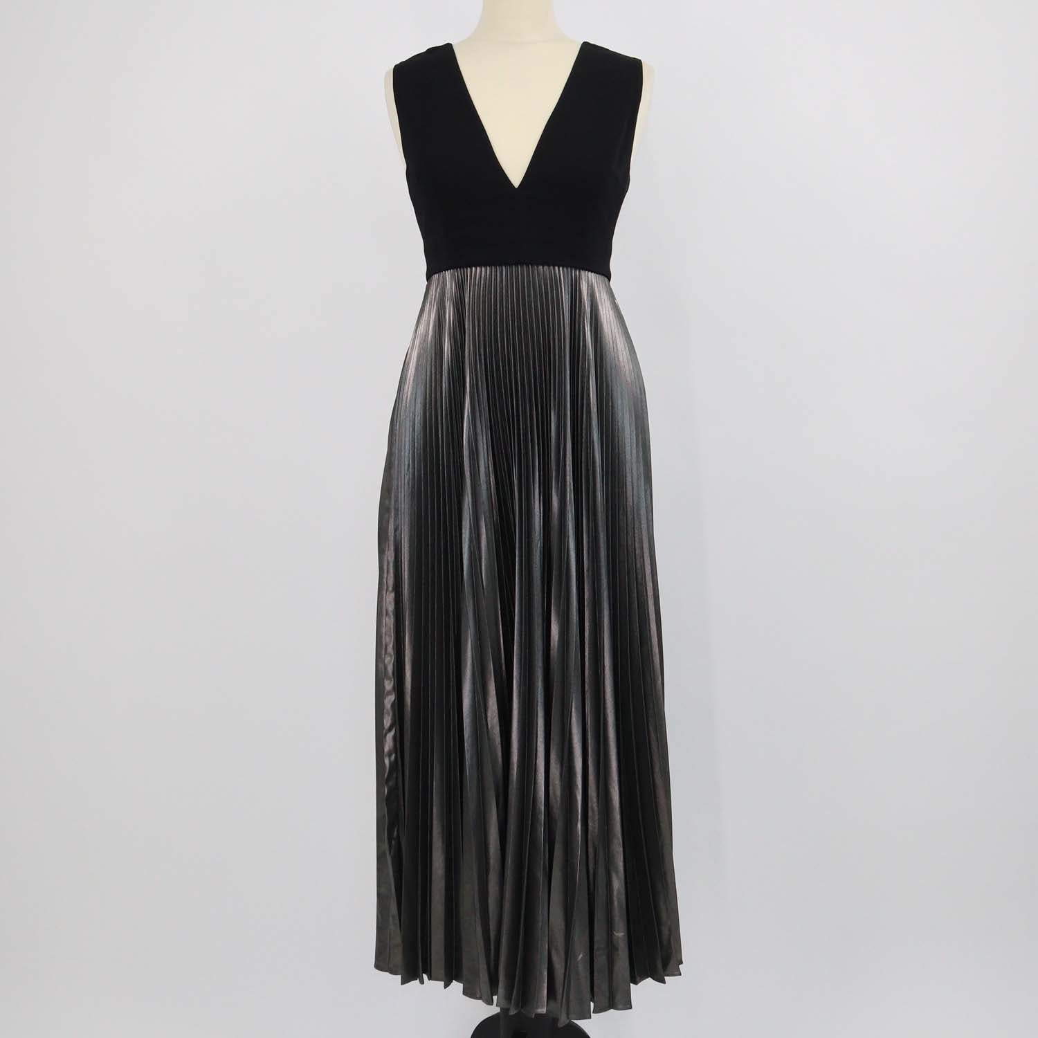 A.L.C. Black/Metallic Grey Blend Viscose Pleated Emilia Sleeveless Maxi Dress