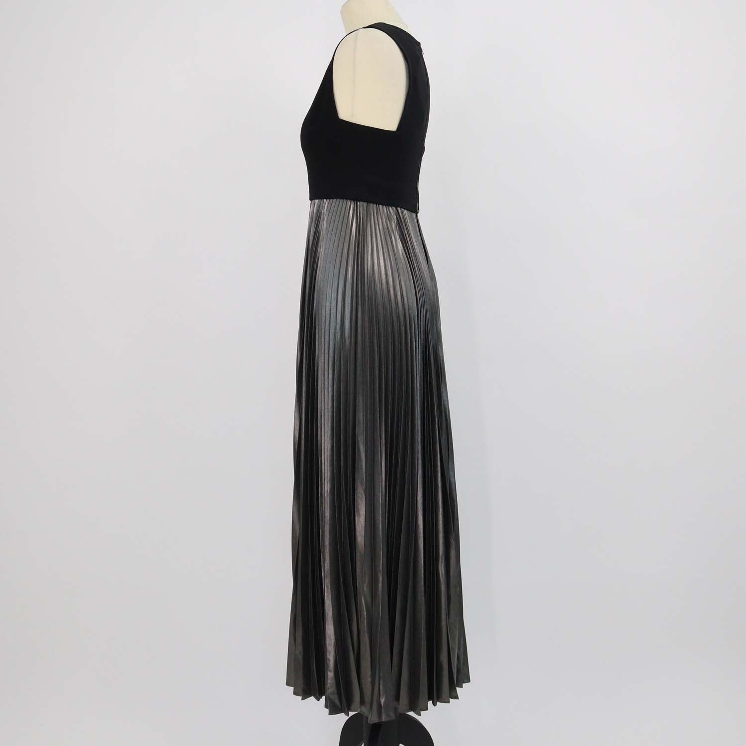 A.L.C. Black/Metallic Grey Blend Viscose Pleated Emilia Sleeveless Maxi Dress