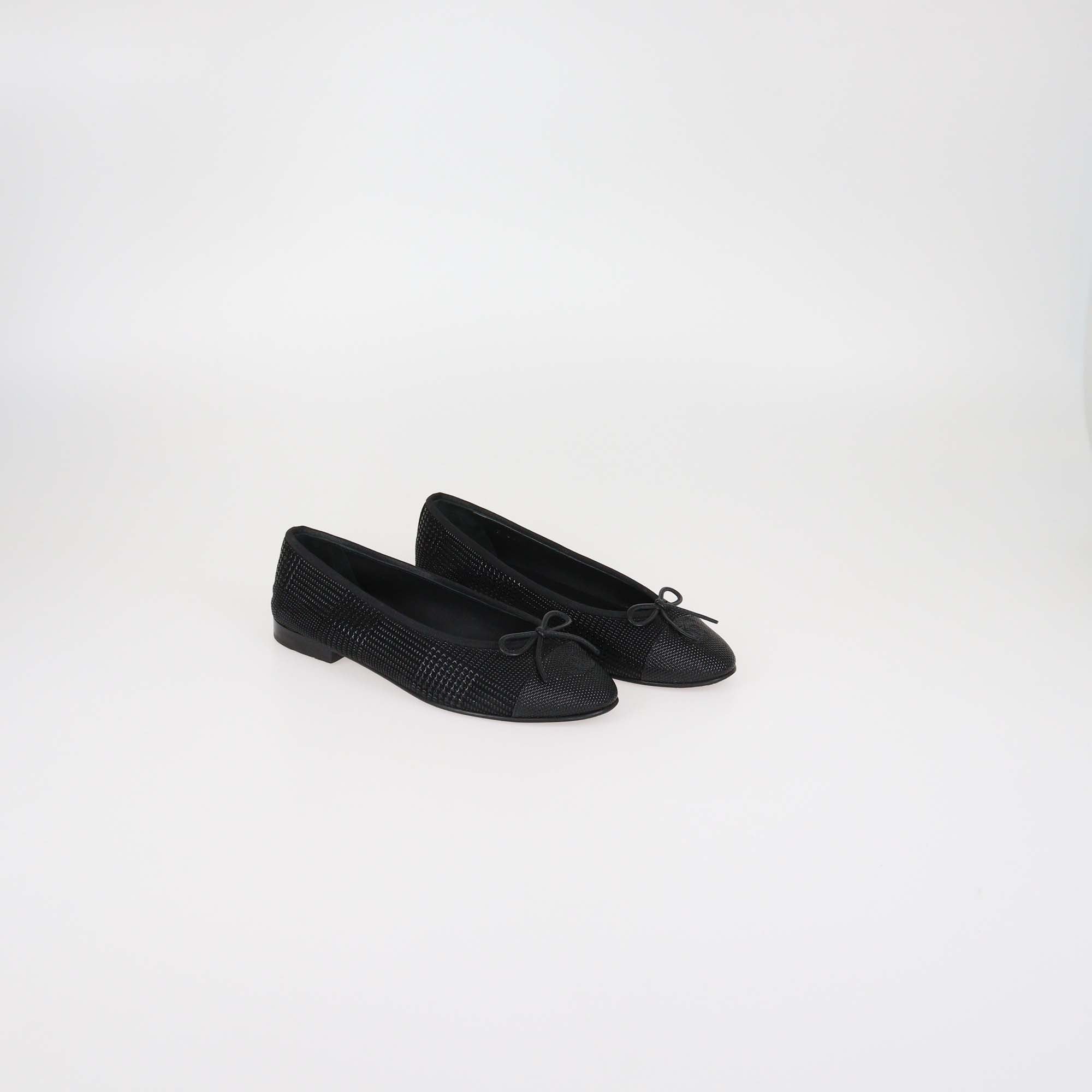 Chanel Black Textured Suede CC Cap Toe Ballet Flats