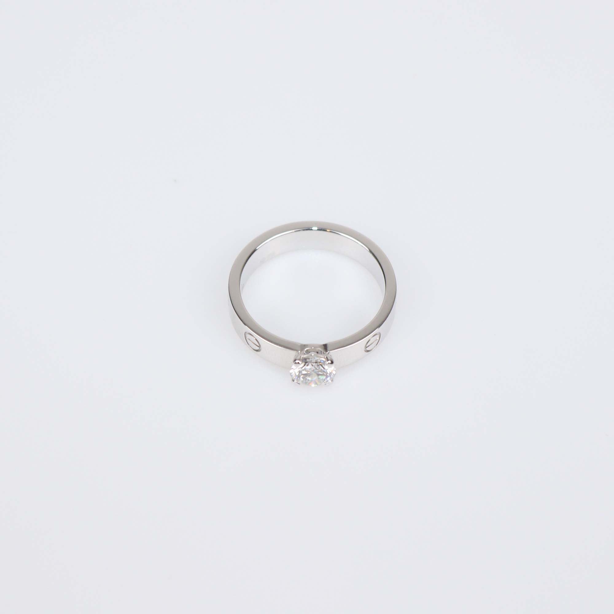 Cartier 18K White Gold Brilliant Cut Solitaire Diamond Love Ring Size 54