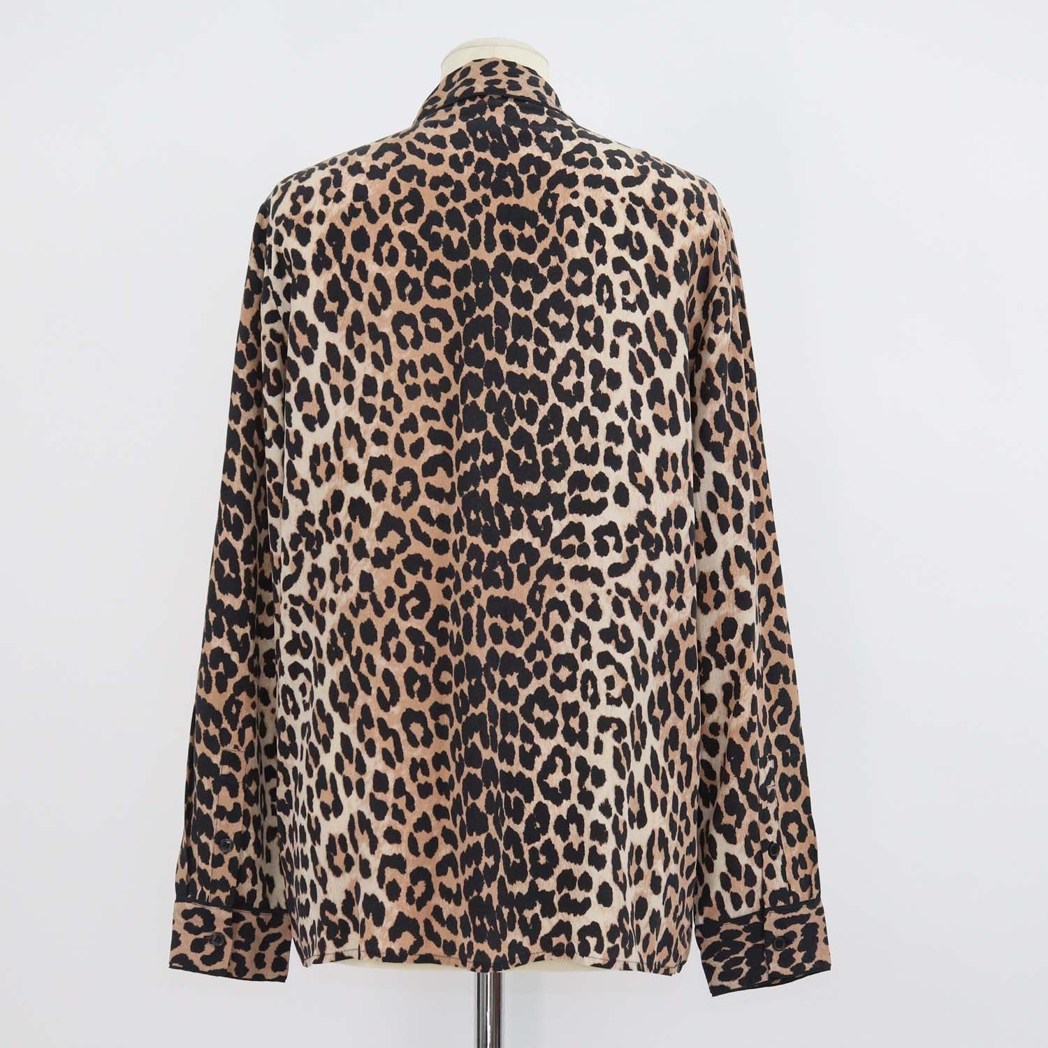 Ganni Brown Silk Leopard Print Long Sleeve Shirt