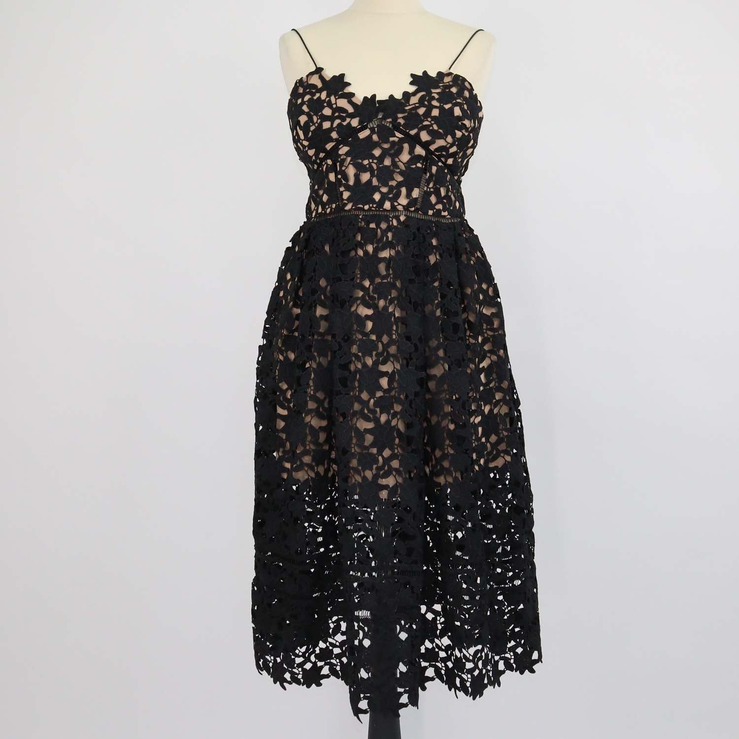Self-Portrait Black Polyester Floral Guipure Lace Azaelea Midi Dress