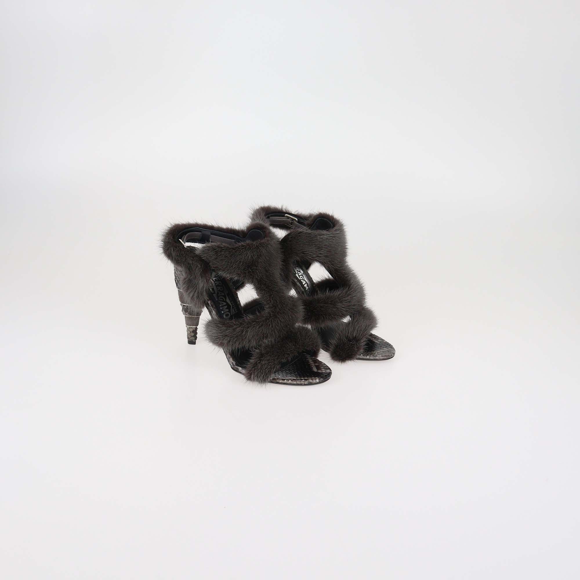 Salvatore Ferragamo Grey Fur & Python Ankle Strap Sandals