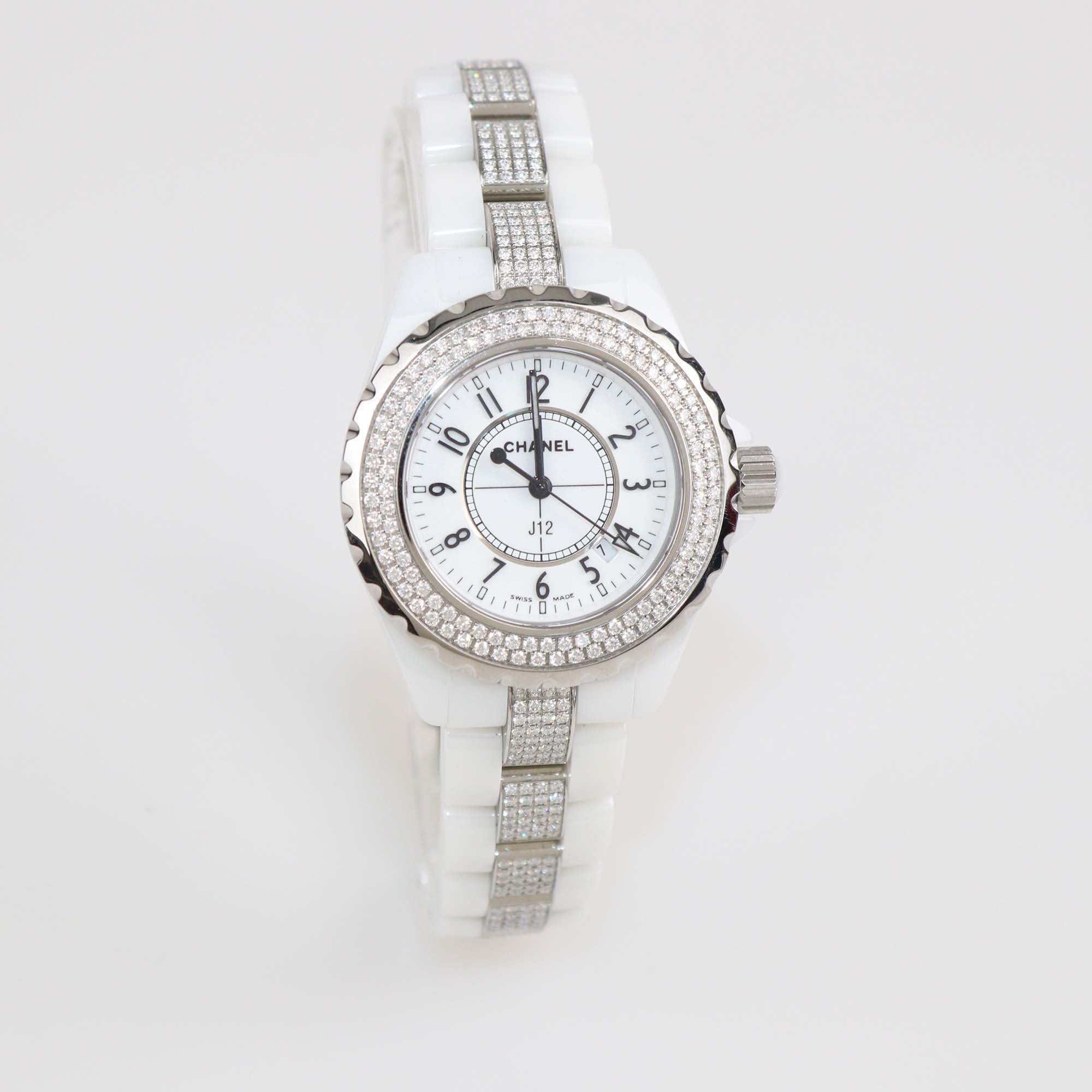 Chanel White Ceramic Stainless Steel Diamond J12 H1420 Women's Wristwatch 33 mm