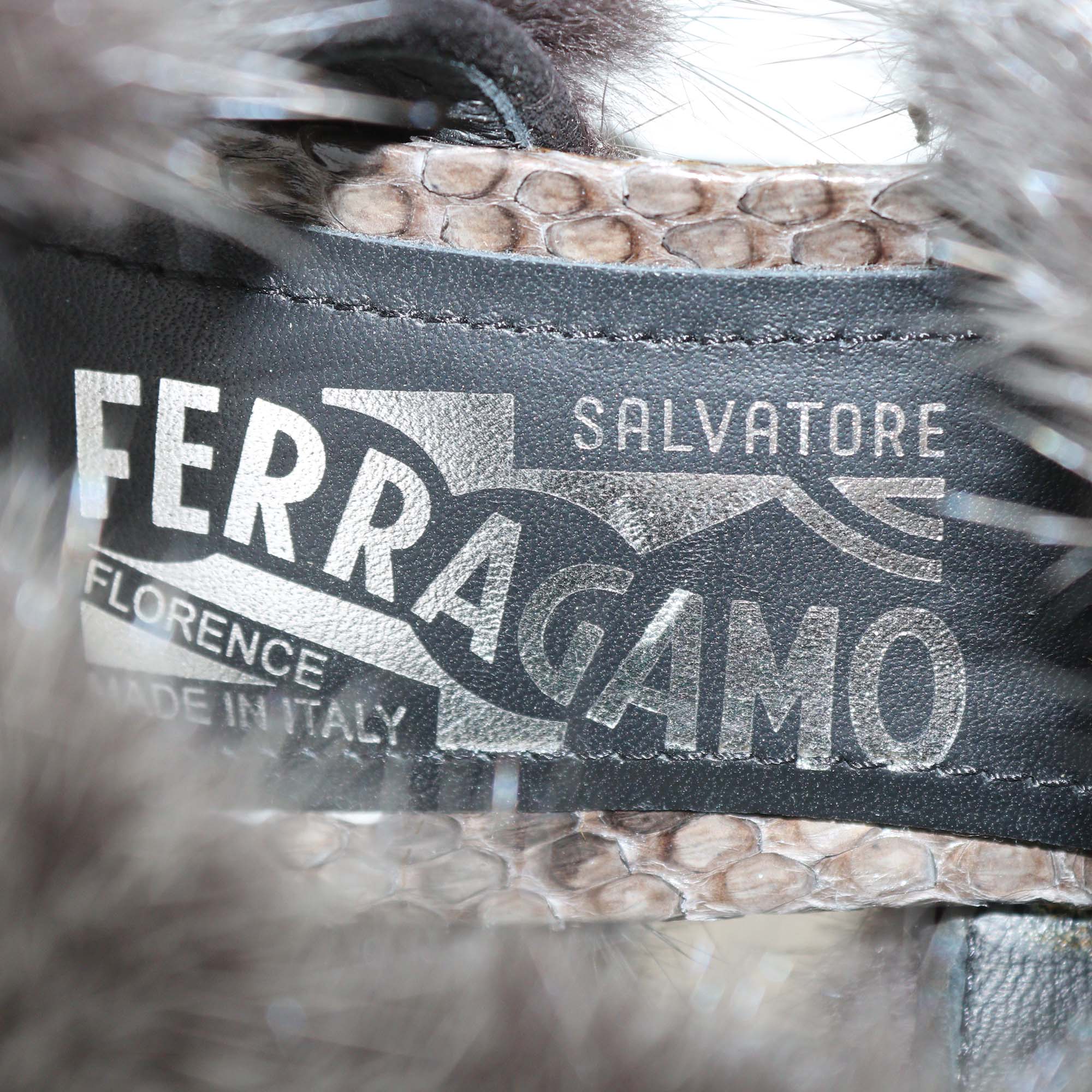 Salvatore Ferragamo Grey Fur & Python Ankle Strap Sandals