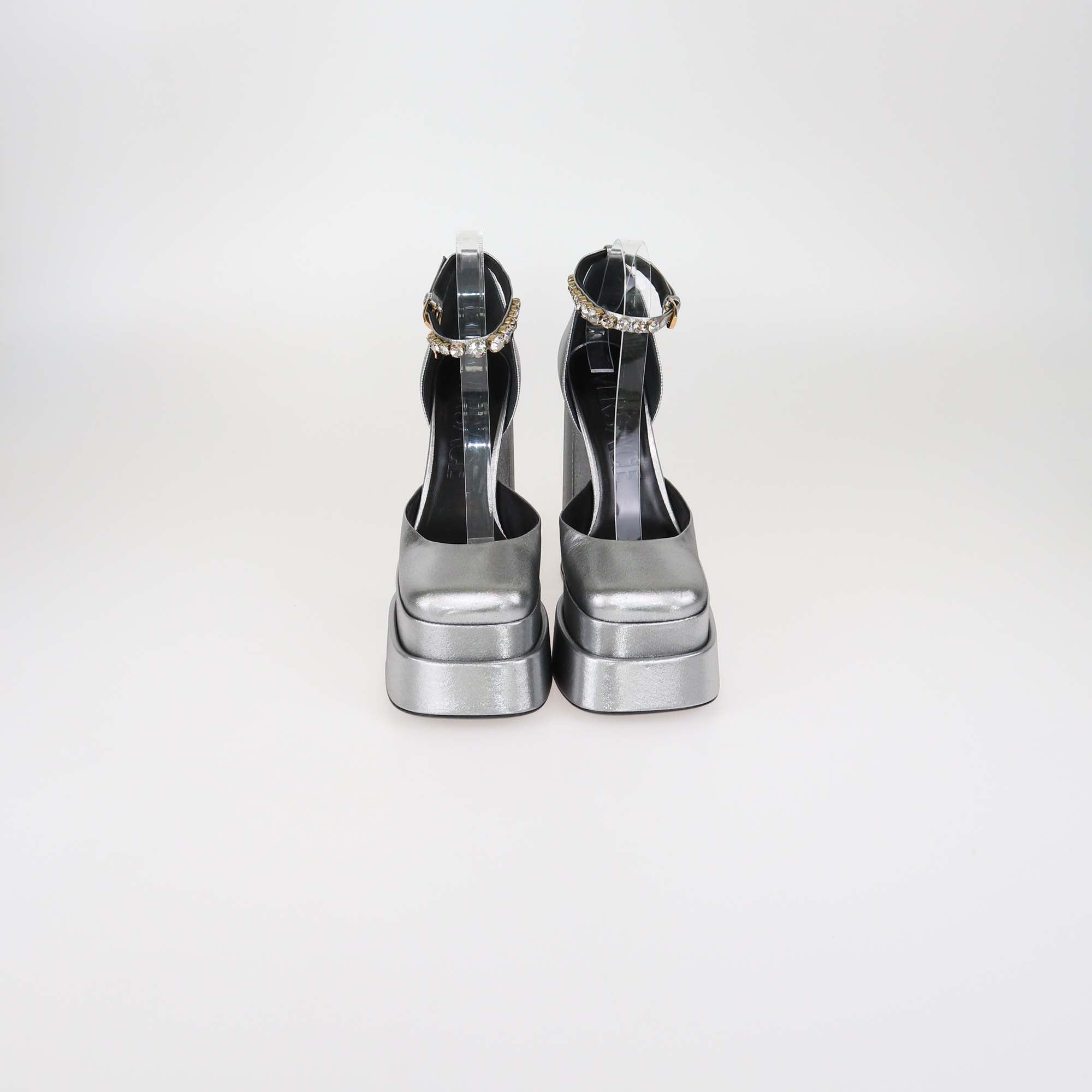 Versace Metallic Grey Shimmering Fabric Aevitas Platform Pumps