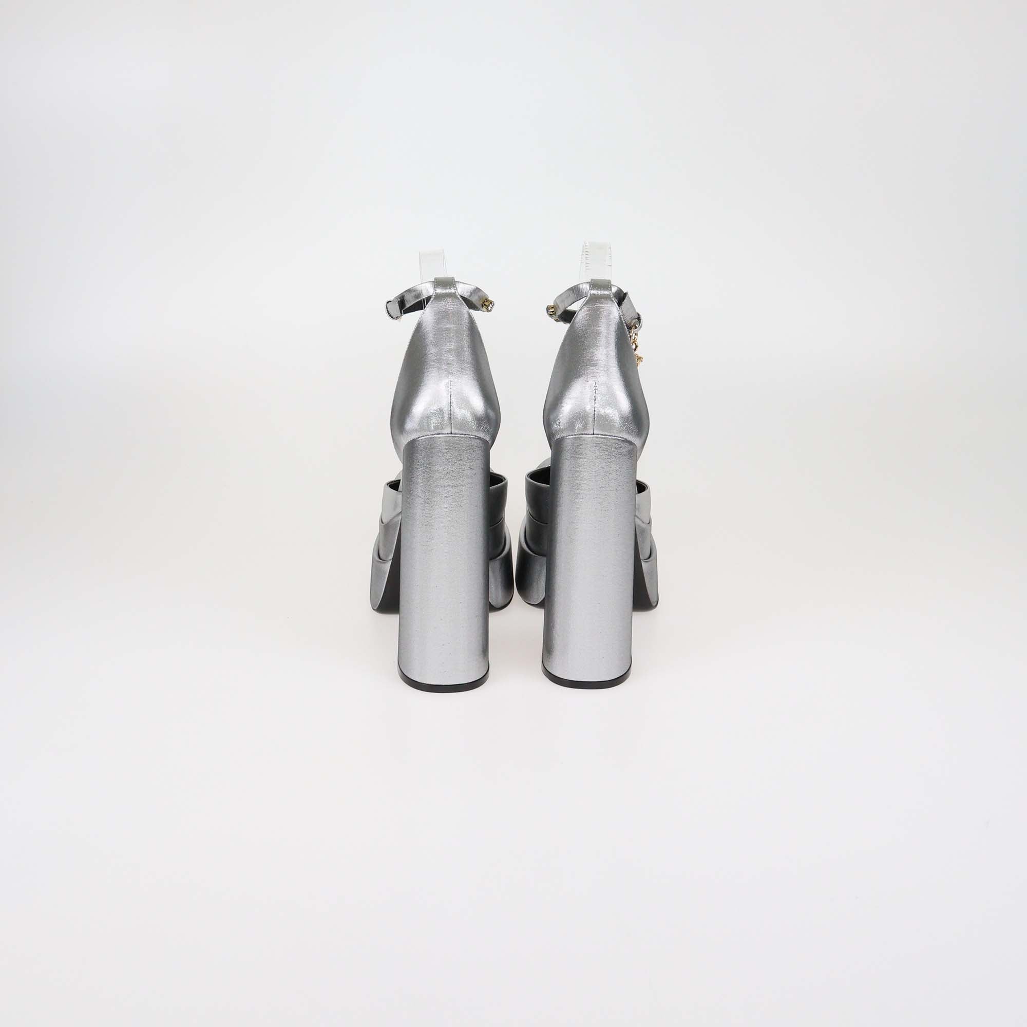 Versace Metallic Grey Shimmering Fabric Aevitas Platform Pumps