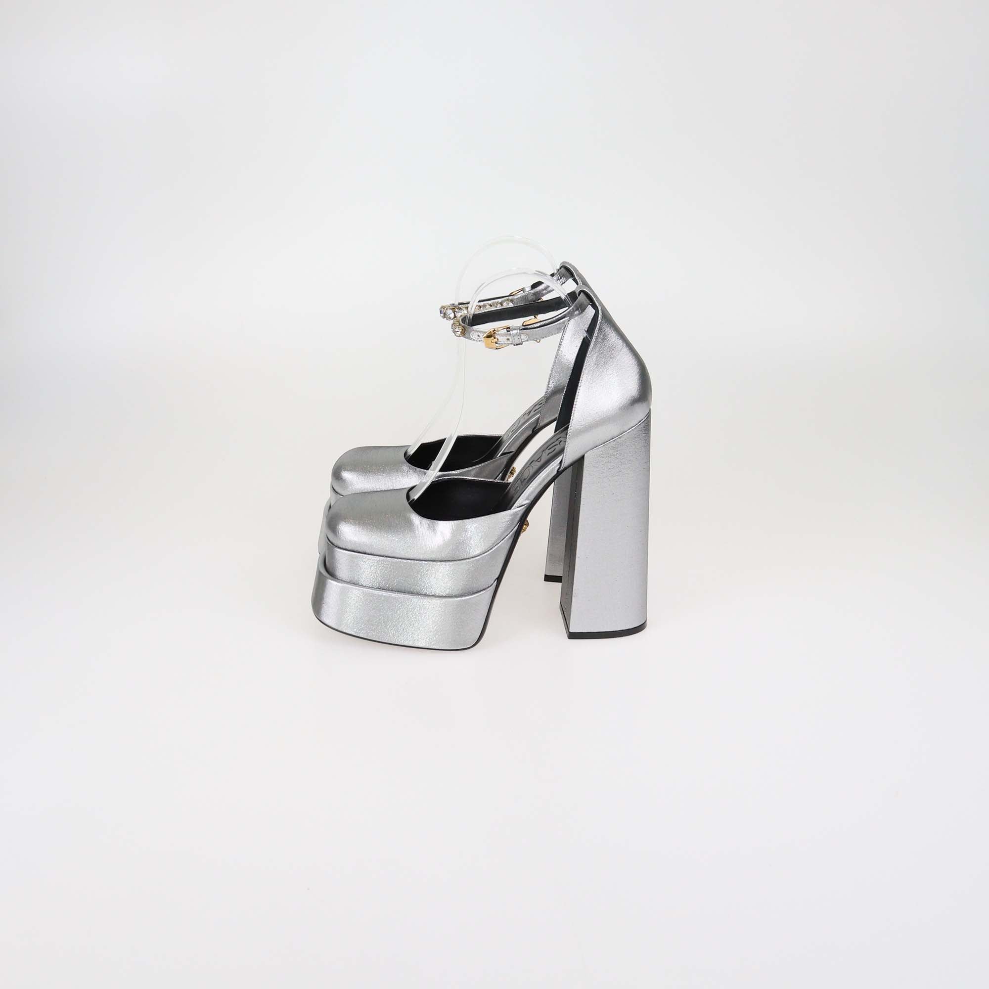 Versace Metallic Grey Shimmering Fabric Aevitas Platform Pumps