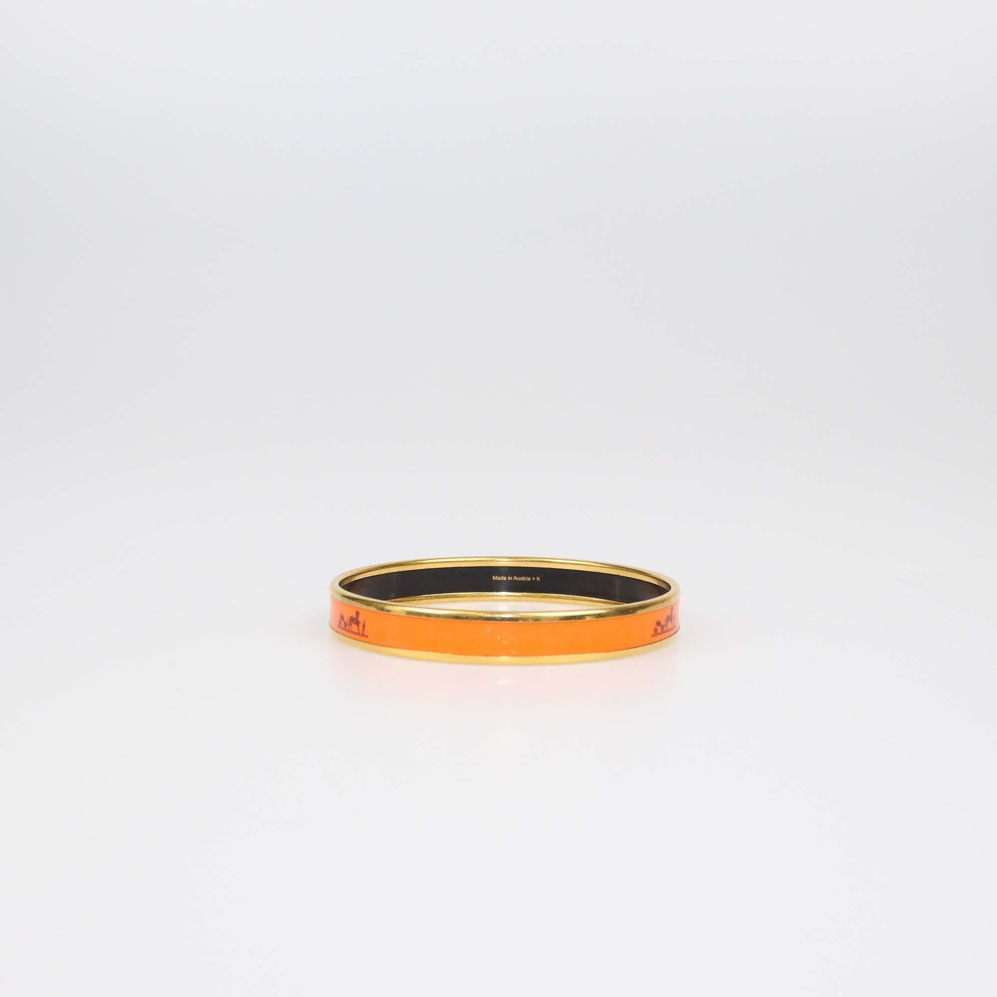Hermes Orange Enamel Gold Plated Caleche Narrow Bangle Bracelet