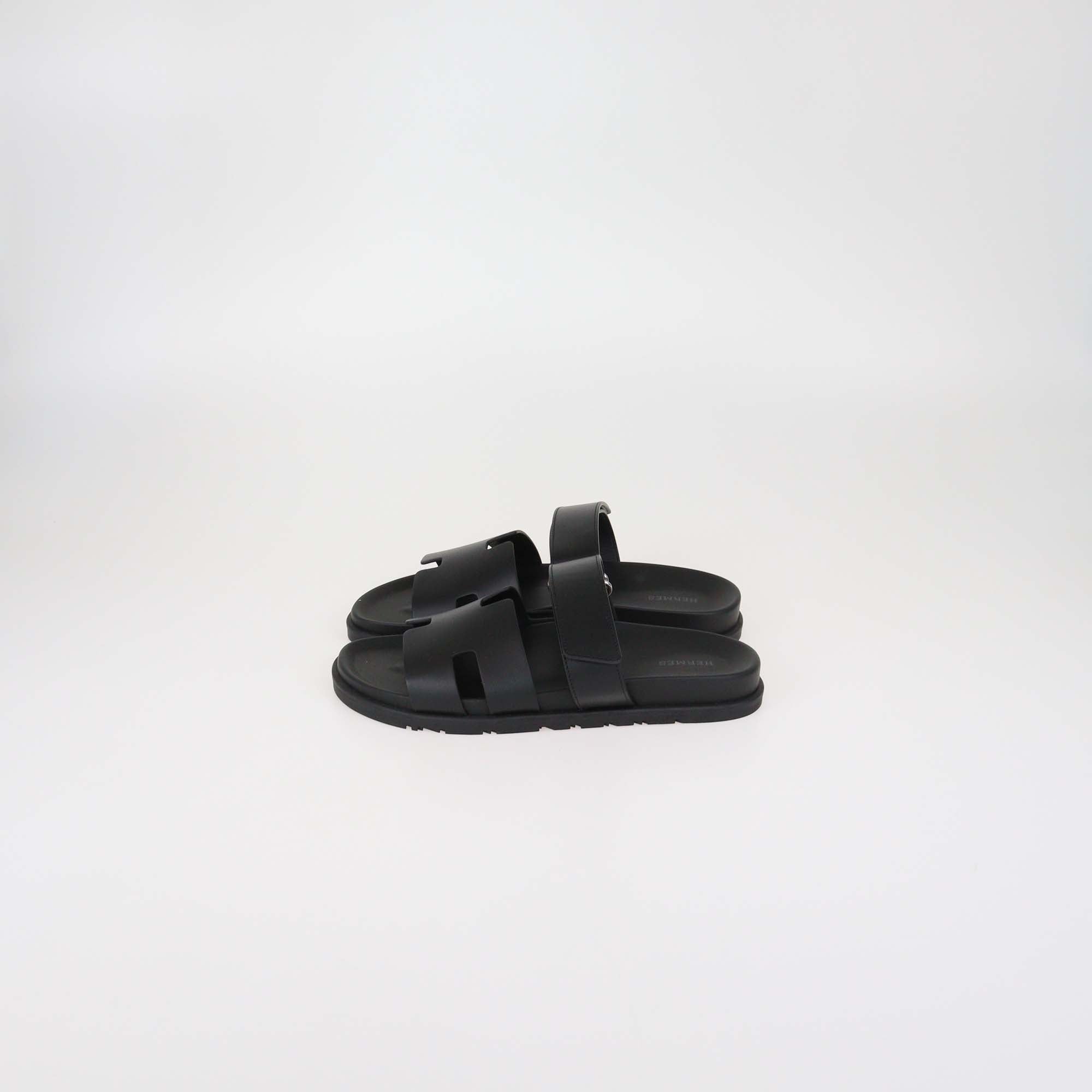 Hermes Black Leather Chypre Sandals