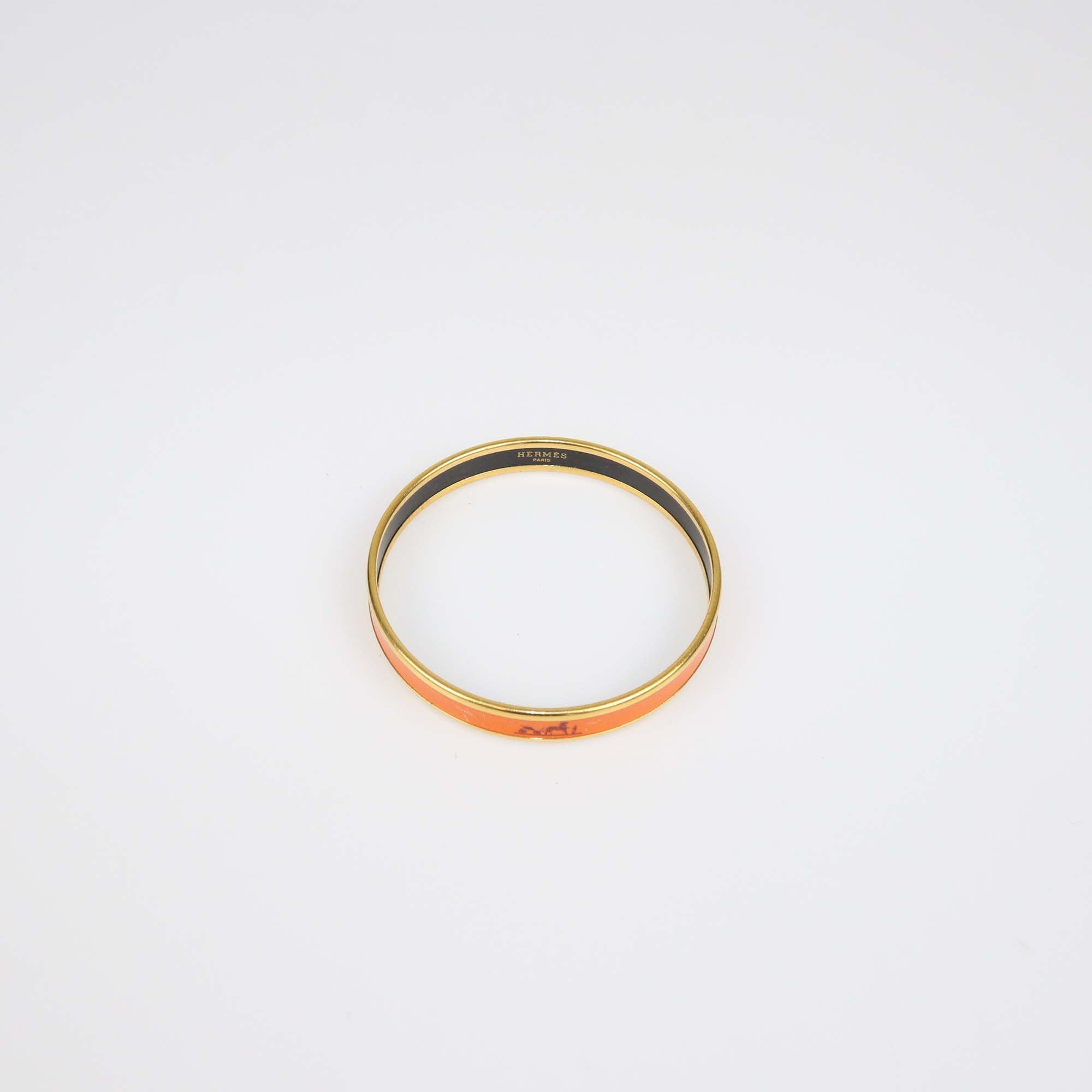 Hermes Orange Enamel Gold Plated Caleche Narrow Bangle Bracelet