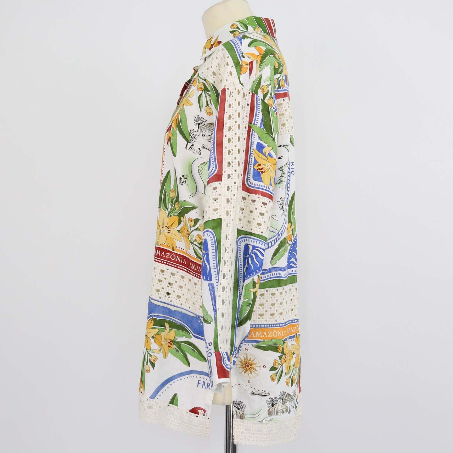 Farm Rio Multicolor Blend Linen Tropical Destination Print Long Sleeve Shirt