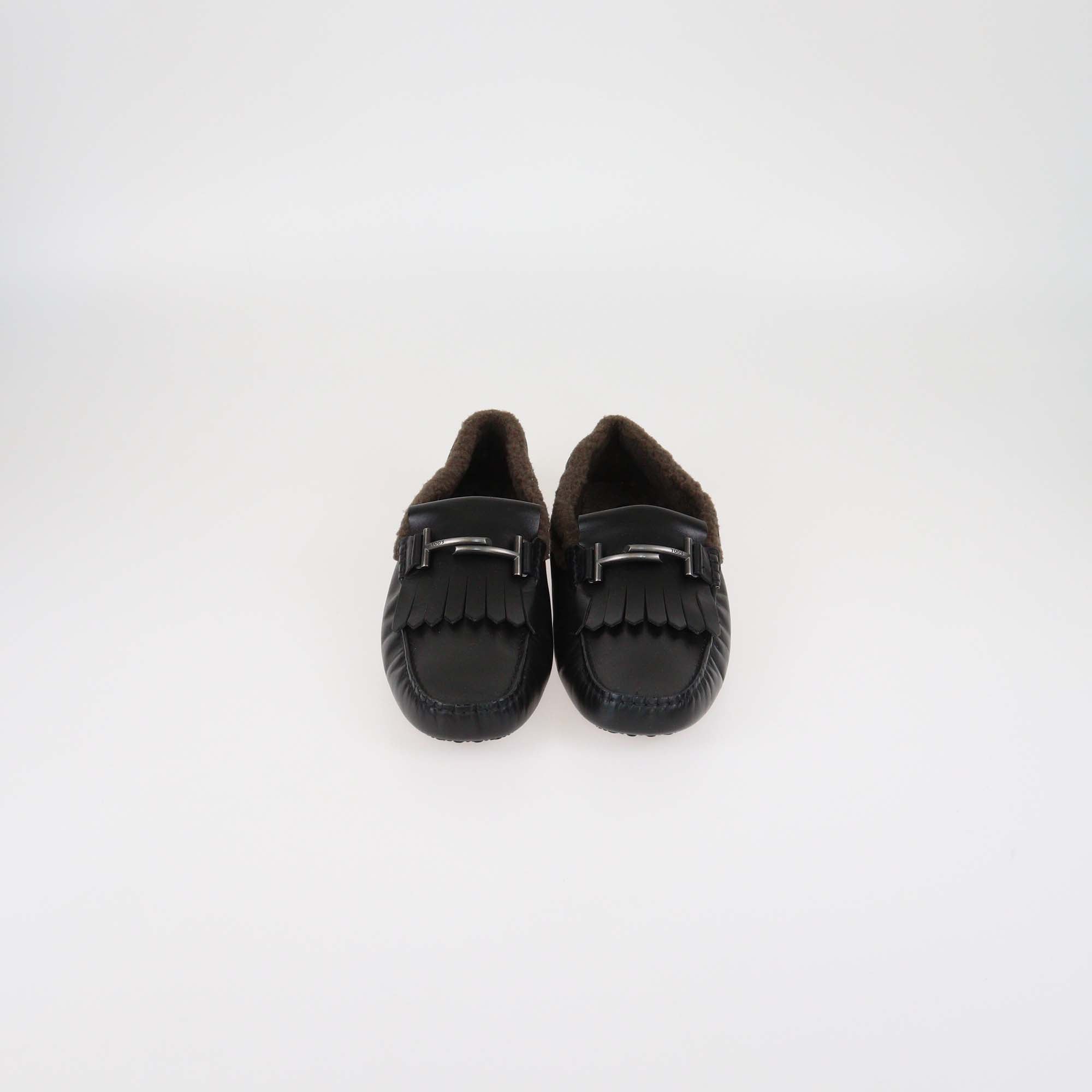 Tod's Black Leather & Fur Double T Loafers