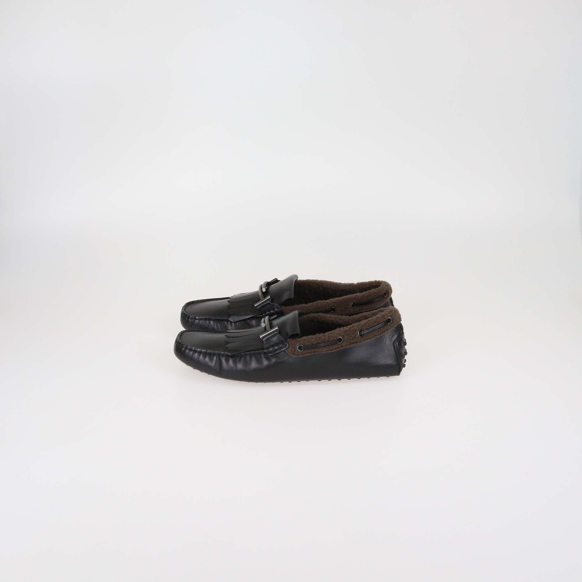 Tod's Black Leather & Fur Double T Loafers
